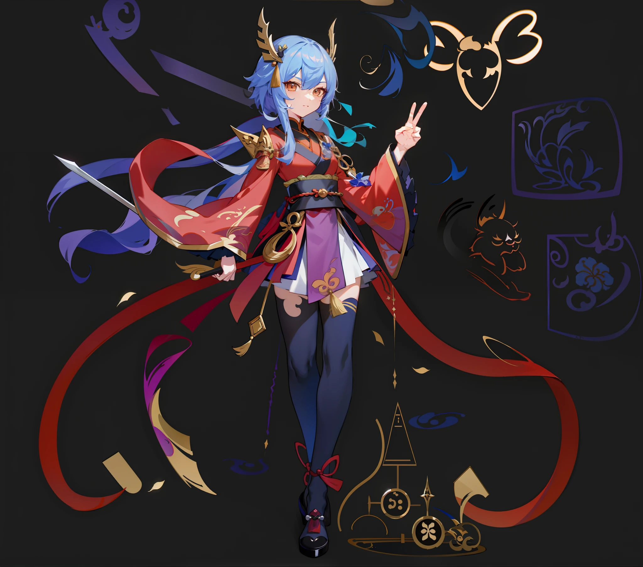 Anime characters with a sword and a cat on black background, Onmyoji detailed art, onmyoji, full-body xianxia, Keqing from Genshin Impact, zhongli from genshin impact, [ Character design ], Ayaka Genshin impact, [ conceptual art ]!!, touhou character, G Liulian art style，Girl，Exquisite facial features，Light and shadow details，adolable