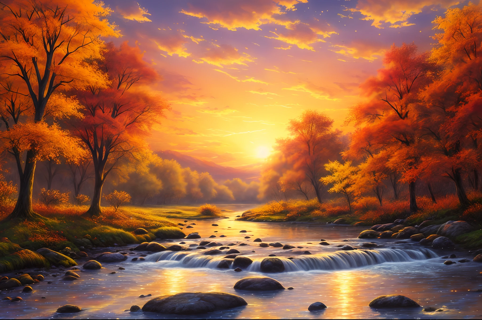(((tmasterpiece))),best qualtiy,illustratio,Beautiful detail glow,autumnal,eventide,riverbank,Scenic beauty, Eau, Clouds, Colorful, florest background, fanciful,