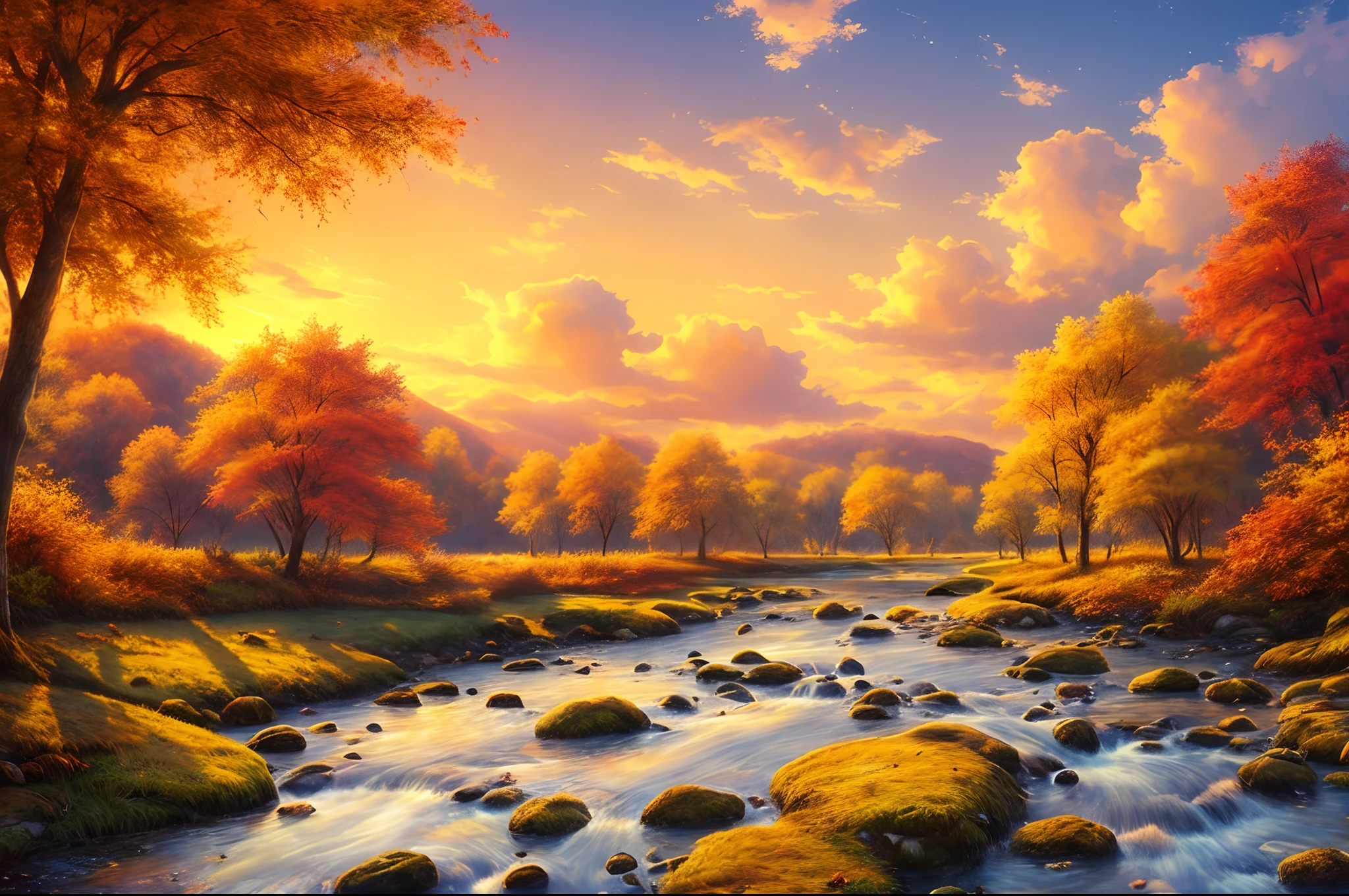 (((tmasterpiece))),best qualtiy,illustratio,Beautiful detail glow,autumnal,eventide,riverbank,Scenic beauty, Eau, Clouds, Colorful, florest background, fanciful,