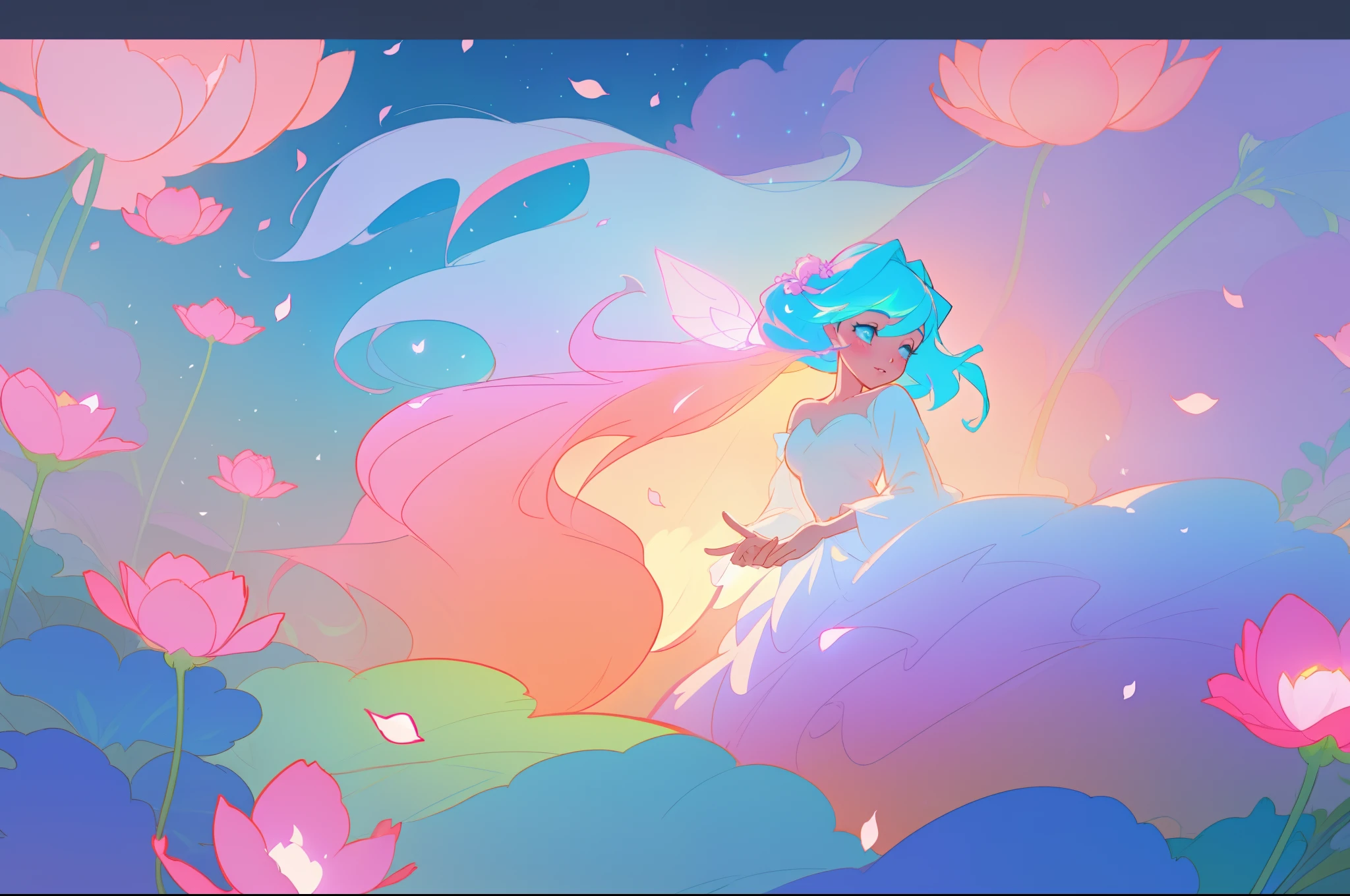 beautiful girl in flowing layered puff long sleeve ballgown, flower fairy in a dress made of flower petals, flowers and colorful plants, inspired by Glen Keane, inspired by Lois van Baarle, disney art style, by Lois van Baarle, glowing aura around her, by Glen Keane, jen bartel, glowing lights! digital painting, flowing glowing hair, glowing flowing hair, beautiful digital illustration, fantasia otherworldly landscape plants flowers, beautiful, masterpiece, best quality, anime disney style