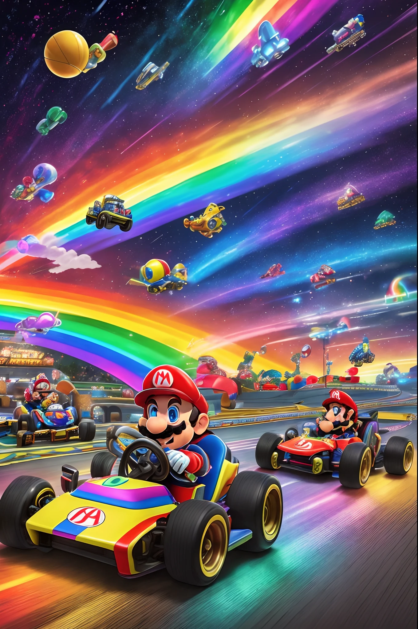 Intricate details, (Best Quality),(hight resolution),8K, ultla detailed, Highly detailed colors, Rainbow Road, Run a go-kart, Mario Driving, Rainbow Road, Racing Mario Kart, Mario kart, nintendo game art, key art, official artwork, Complex rainbow environment, Rainbow BG, high detailed official artwork, Mute Rainbow Tube,