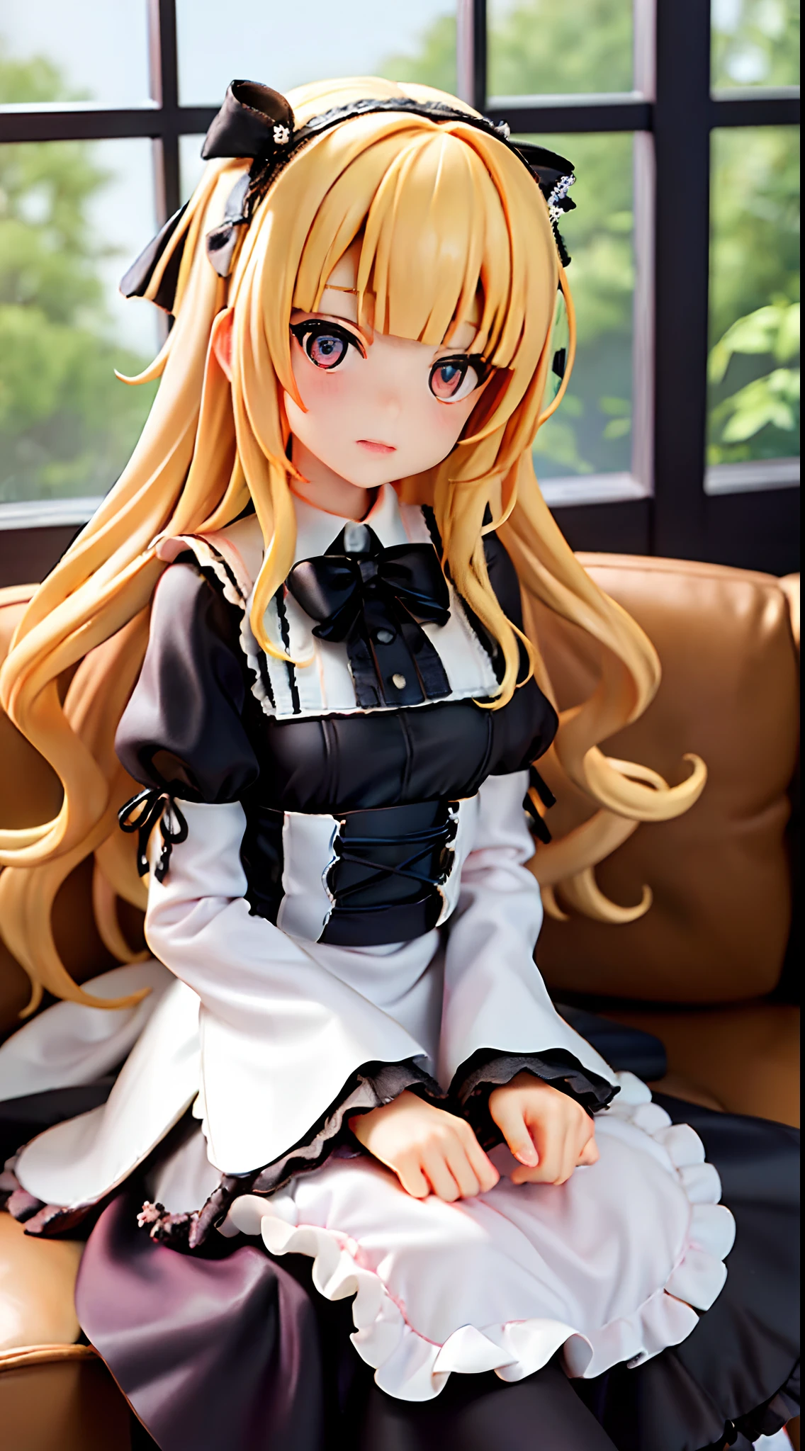 Best Quality, masutepiece, 1 girl, my, (slender:1.3), medium breasts, (Blonde hair:1.3), Long hair, Wavy Hair, Twin-tailed, (Blunt bangs:1.3), Looking at Viewer, Bow, (Medieval fantasy:1.3), Sense of depth, (Hair Bow:1.3), (Gothic ****ta:1.3), Horizontal view, (sitting on the gothic sofa:1.3), (Black sofa:1.2), Front Angle, (black and white window:1.3), (black interior:1.2), (Pink lips:1.3)