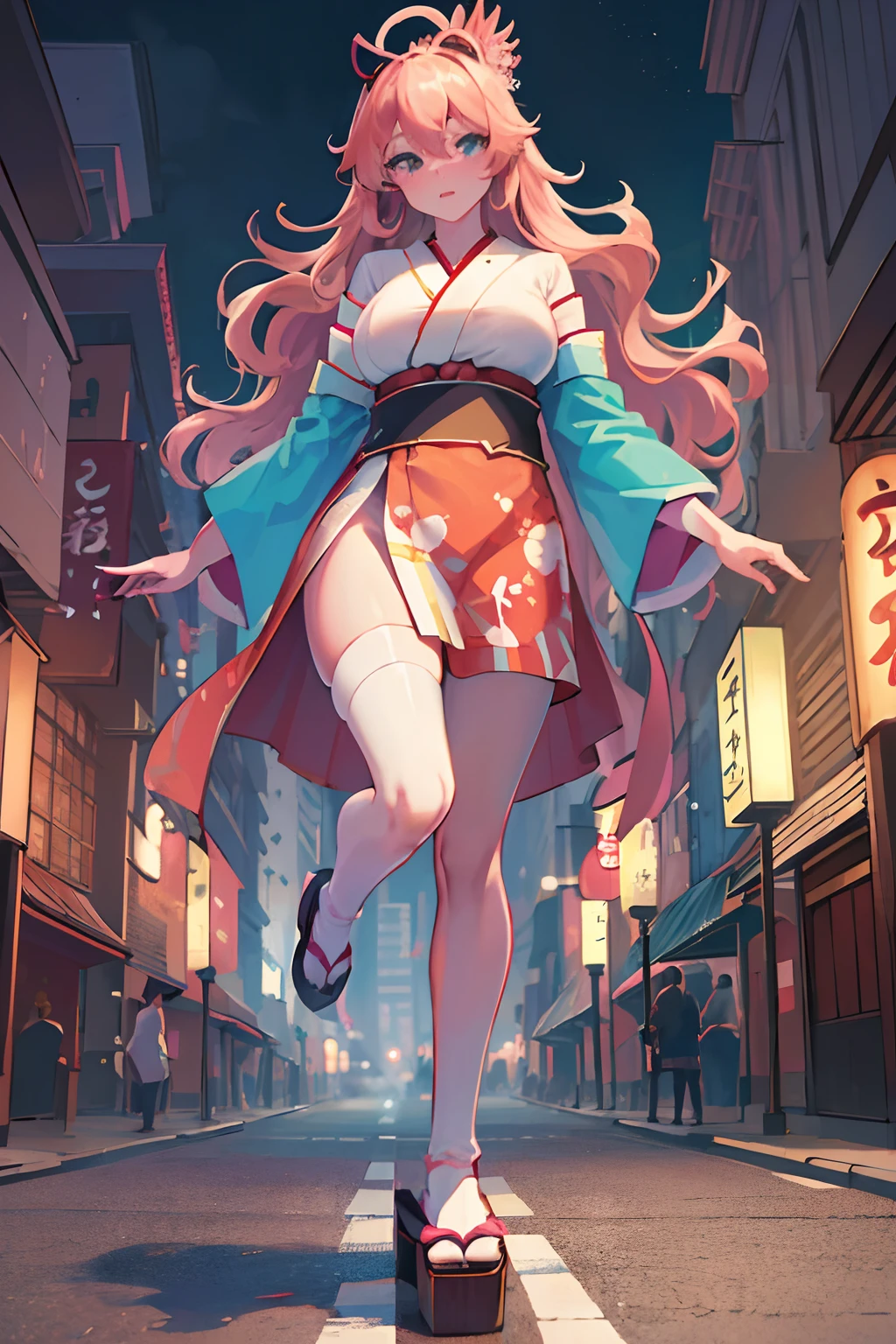 (best quality,4k,highres,masterpiece:1.2),ultra-detailed,realistic:1.37,beautiful woman,big bouncing breasts,long wavy teal hair,soft Platinum eyes,50 ft tall,walking around Tokyo,in torn kemono,urban landscape,neon lights,shadows,lively atmosphere,japanese culture,skyscrapers,crowded streets,pedestrians,hustle and bustle,colored umbrellas,streets lined with cherry blossoms,glowing lanterns,street vendors,sushi stands,temples,shrine gates,vivid colors,bokeh