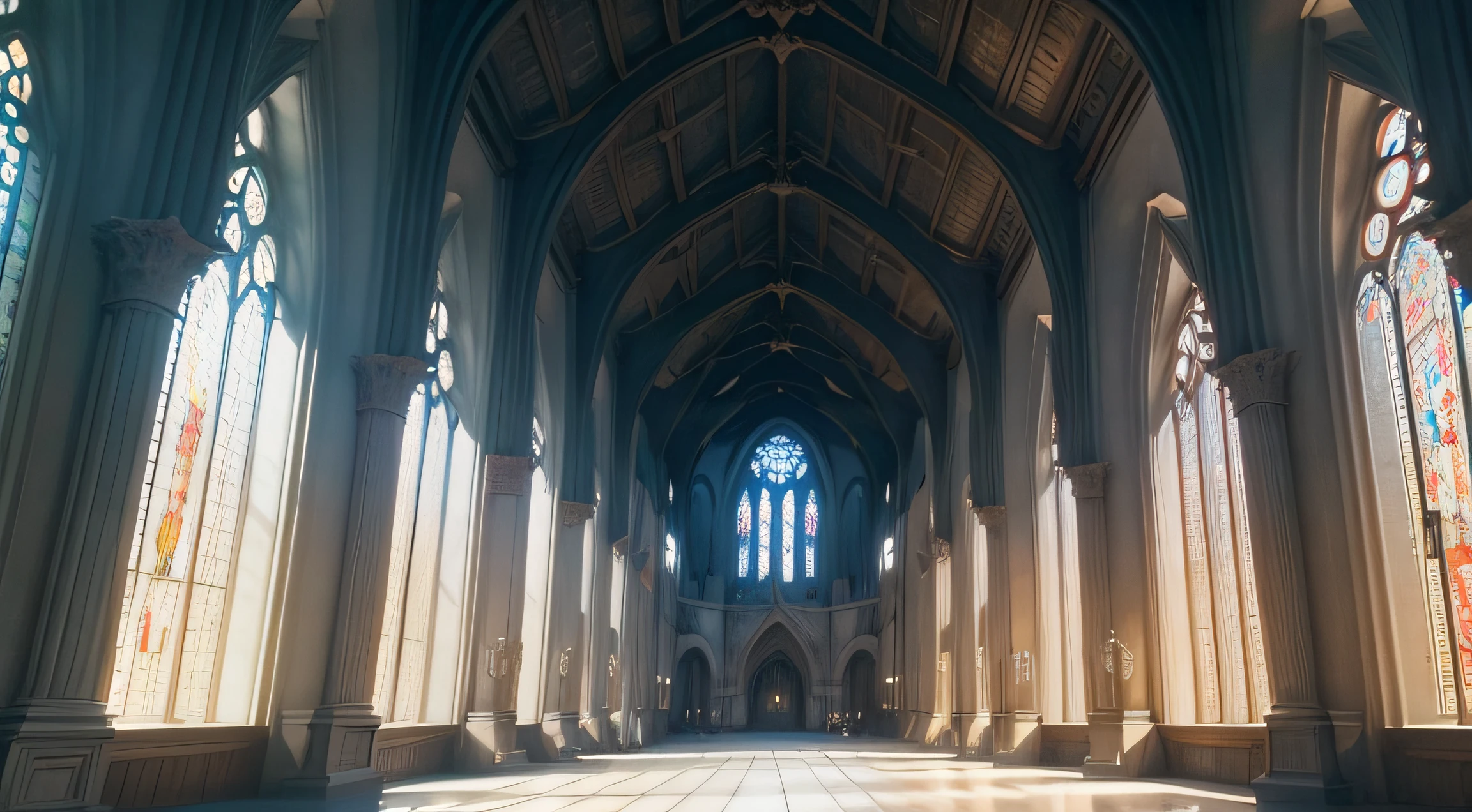 A beautiful old church in a picturesque town, with tall spiers and colorful stained glass windows that filter the sunlight, highlighting the intricate details of Gothic architecture, oil painting, soft, textured brushstrokes, --ar 16:9 -- v 5