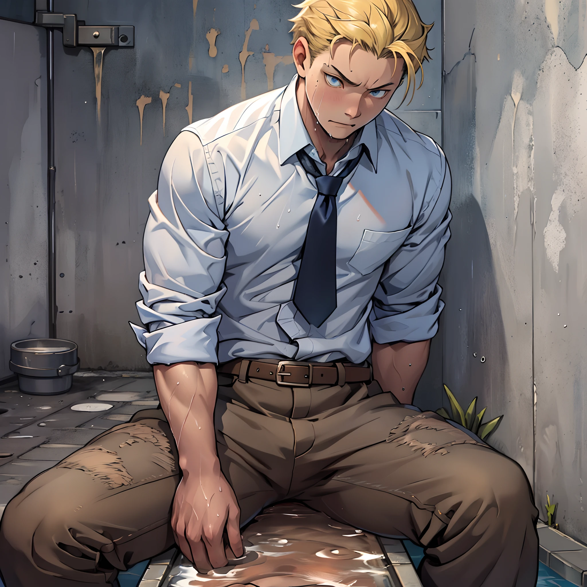 （1 Adult male），A high resolution， Sharp focus， Pixiv masterpiece， （（Complicated details））， highly  detailed， natsuki_subaru， 1 man，perfect male figure，Urine on the trouser leg， Nervously bow your head，is shy，embarressed，exhilarated，is shocked，panicking，worry，A pool of urine formed around him，Very eager to pee，Unbearable，Wet yourself，Urine discharge，full bodyesbian，sit astride，Tired，decadent， blue color eyes（eyes glowing）， Short yellow hair，white  shirt，Wear a tie，Wear a belt，trousers，perspire，Drenched，Get wet，pissing，urine flows down the pants，look from down