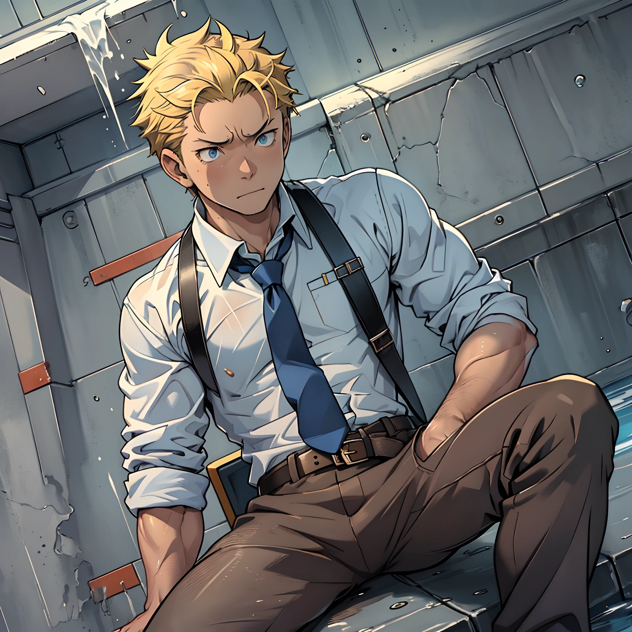 (1 Adult male),A high resolution, Sharp focus, Pixiv masterpiece, ((Complicated details)), highly detailed, natsuki_subaru, 1 man,perfect male figure,Urine on the trouser leg, Nervously bow your head,is shy,embarressed,exhilarated,is shocked,panicking,worry,A pool of urine formed around him,Very eager to pee,Unbearable,Wet yourself,Urine discharge,full bodyesbian,sit astride,Tired,decadent, blue color eyes(eyes glowing), Short yellow hair,white shirt,Wear a tie,Wear a belt,trousers,perspire,Drenched,Get wet,pissing,urine flows down the pants,look from down