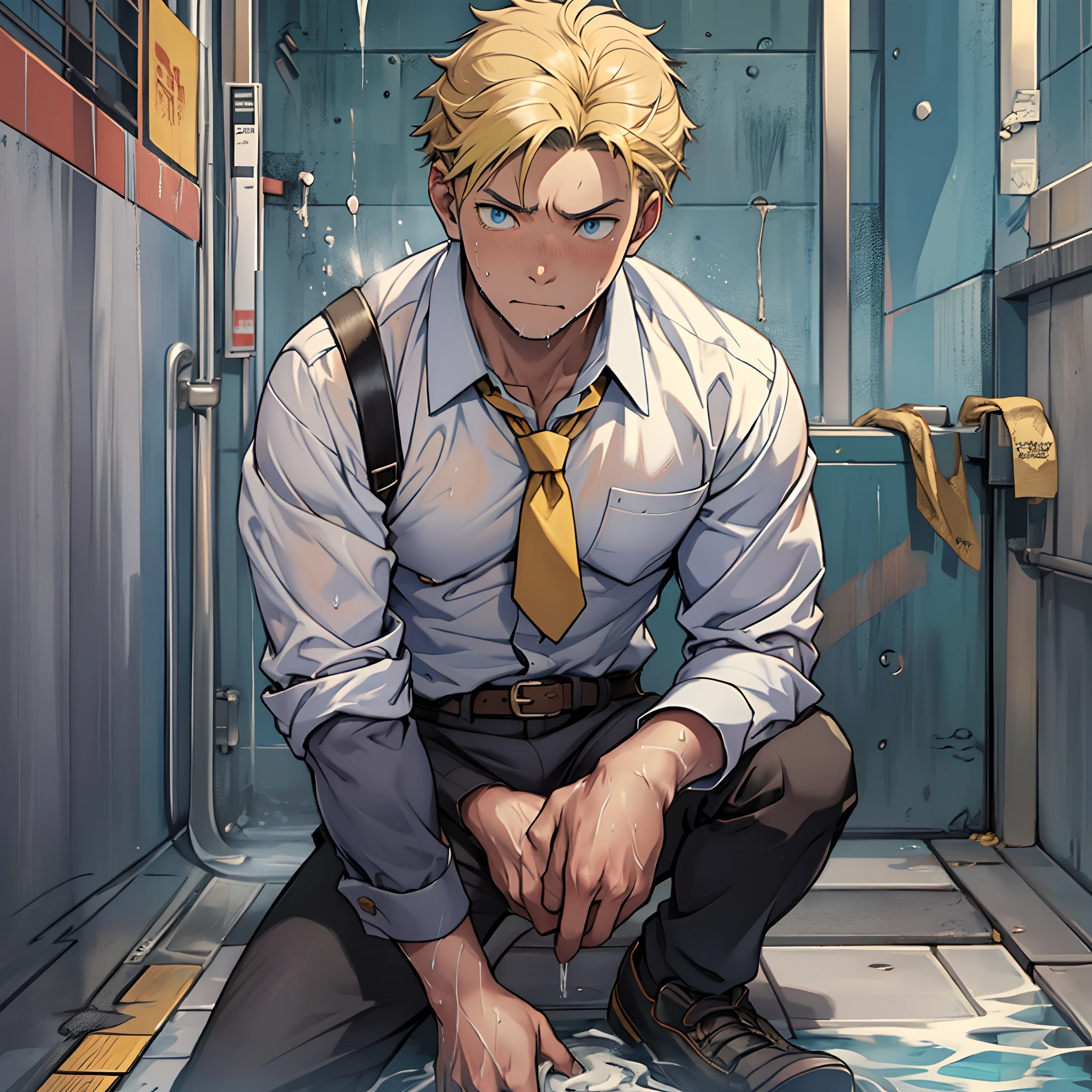 (1 Adult male),A high resolution, Sharp focus, Pixiv masterpiece, ((Complicated details)), highly detailed, natsuki_subaru, 1 man,perfect male figure,Urine on the trouser leg, Nervously bow your head,is shy,embarressed,exhilarated,is shocked,panicking,worry,A pool of urine formed around him,Very eager to pee,Unbearable,Wet yourself,Urine discharge,full bodyesbian,sit astride,Tired,decadent, blue color eyes(eyes glowing), Short yellow hair,white shirt,Wear a tie,Wear a belt,trousers,perspire,Drenched,Get wet,pissing,urine flows down the pants,look from down
