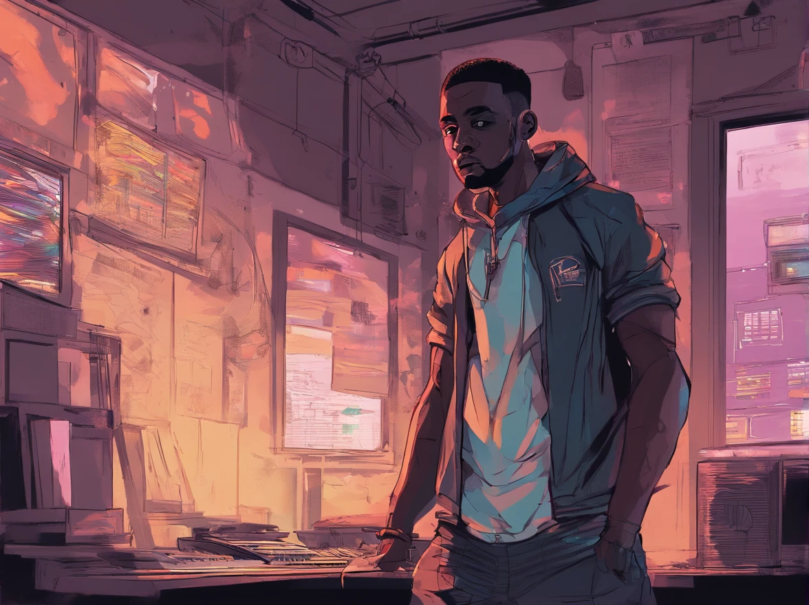 rapper negro, dentro de um quarto escuro anoite, Standing facing the camera in the Vasio room, a luz da lua entra pela janela, cena de filme, arte digital estilo lo-fi