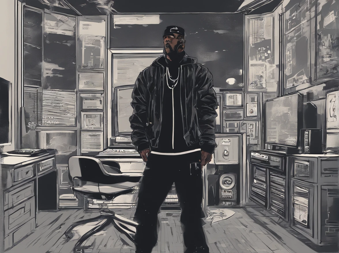 rapper negro, dentro de um quarto escuro anoite, Standing facing the camera in the Vasio room, a luz da lua entra pela janela, cena de filme, arte digital estilo lo-fi