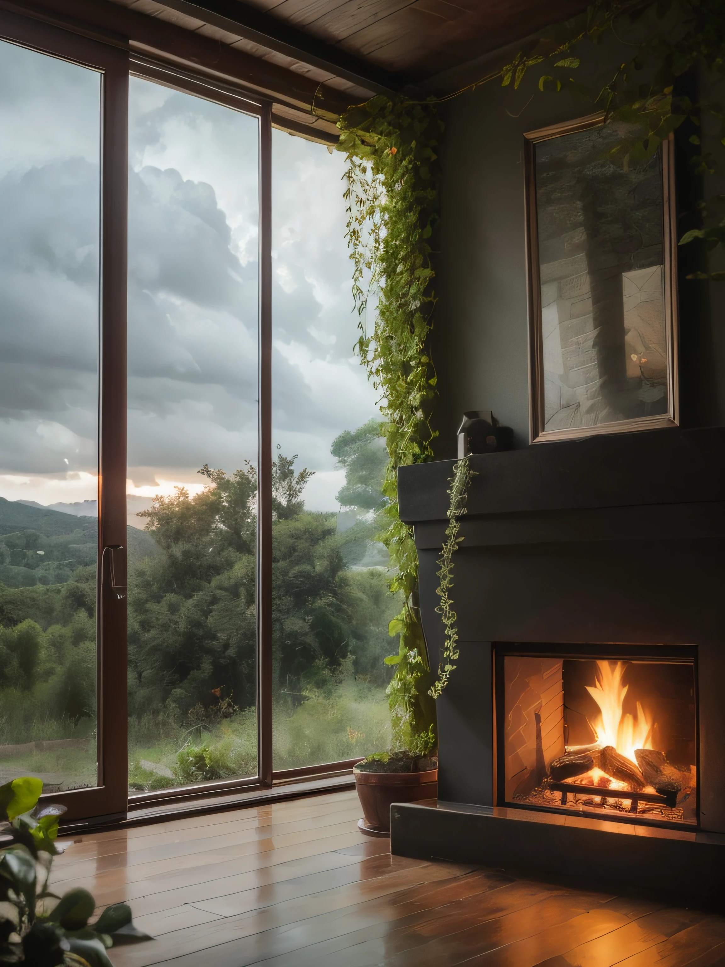 violent storm，dark stormy clouds，floor to ceiling window，sofe，fireplace，baby cats，A plant，the woods，hilltop，High detail，lightand shade contrast，hyper HD，tmasterpiece，winning artwork，Best quality at best，A high resolution，16k