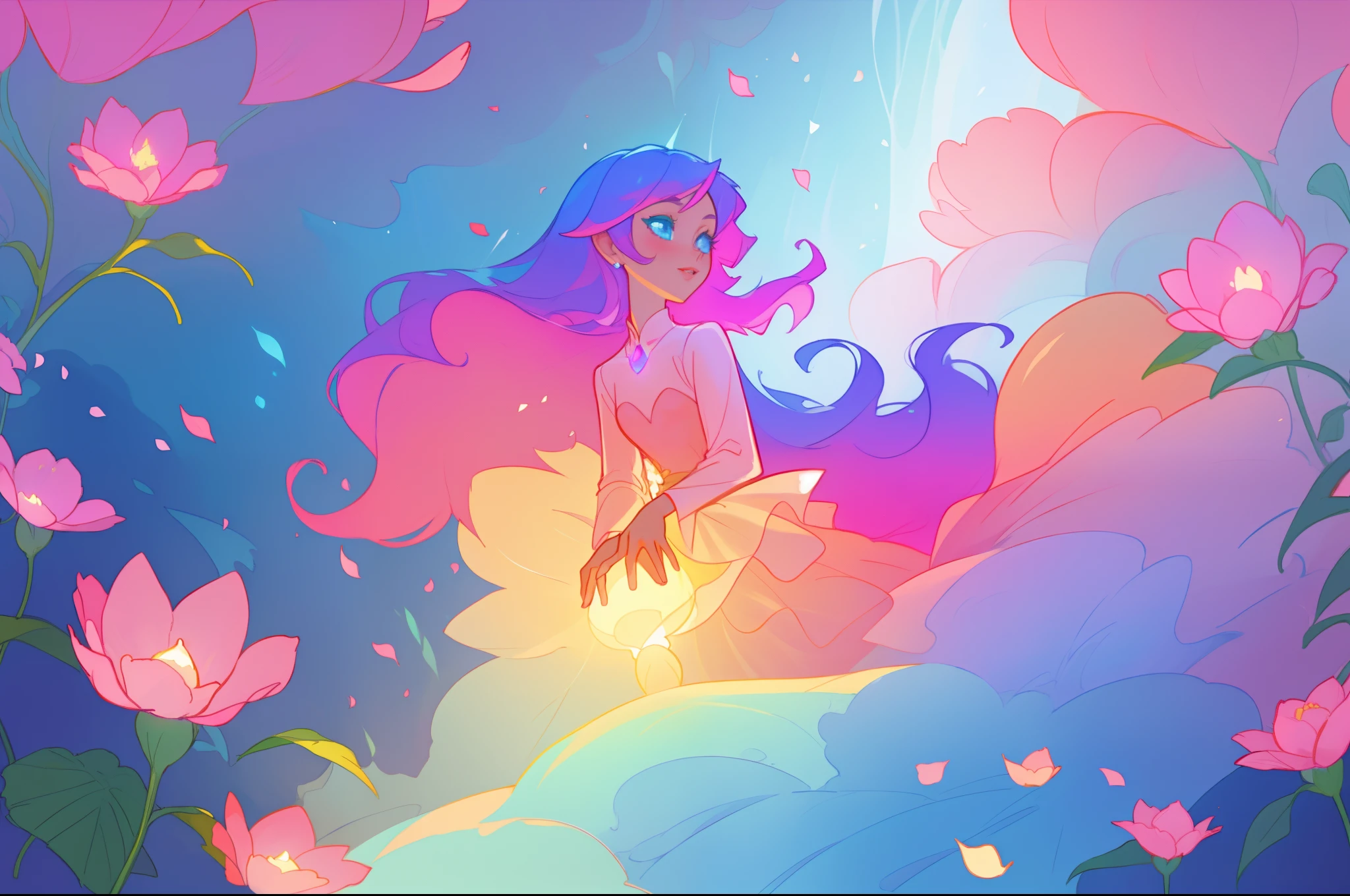 beautiful girl in flowing layered puff long sleeve ballgown, flower fairy in a dress made of flower petals, flowers and colorful plants, inspired by Glen Keane, inspired by Lois van Baarle, disney art style, by Lois van Baarle, glowing aura around her, by Glen Keane, jen bartel, glowing lights! digital painting, flowing glowing hair, glowing flowing hair, beautiful digital illustration, fantasia otherworldly landscape plants flowers, beautiful, masterpiece, best quality, anime disney style