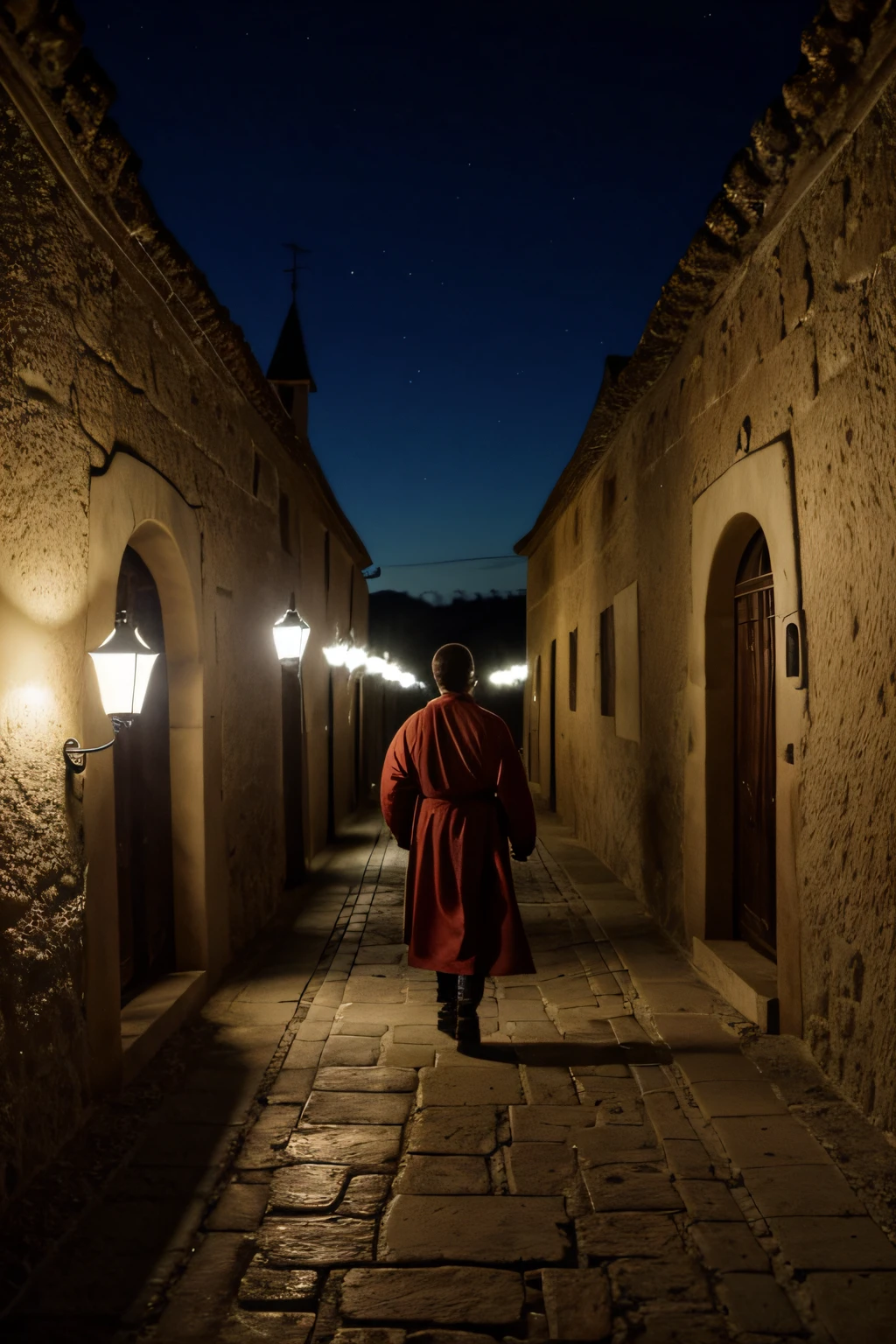 (((masterpiece))), (((best quality))), ((ultra-detailed)), {{8k_wallpaper}}, bokeh f1.8, ((bokeh light)), cinematic light,, toma cercana 6boys:1.3, seis monjes medievales con sotana capucha rojo escarlata caminando a media noche en una villa medieval, sus caras estan en las sombras, solo iluminadas por la luz de sus antorchas.