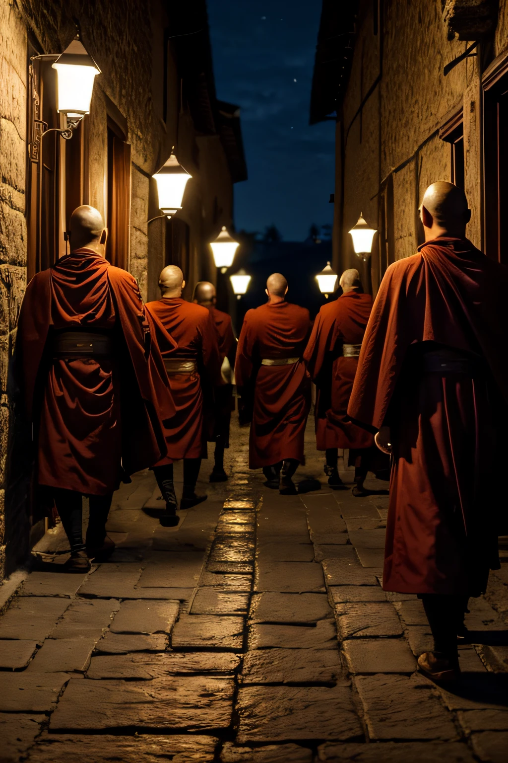 (((masterpiece))), (((best quality))), ((ultra-detailed)), {{8k_wallpaper}}, bokeh f1.8, ((bokeh light)), cinematic light,, toma cercana 6boys:1.3,  In a captivating photograph, capture the essence of a group of six monks donning dark crimson robes and hoods, as they traverse the dimly lit medieval streets by torchlight. The warm glow of the torches should accentuate the architectural beauty of the old city, highlighting the timelessness of their traditions. Frame the shot to showcase the sense of camaraderie among the monks, their footsteps echoing through the quiet night. This image aims to evoke a feeling of serenity and spirituality, as the monks continue their nocturnal pilgrimage.