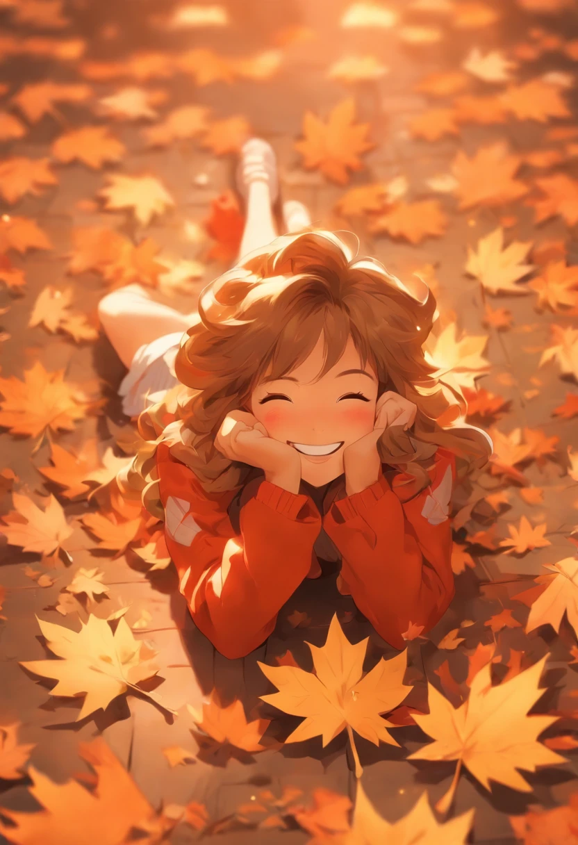 A girl lies happily on the ground, Hold a maple leaf in your right hand to cover your face, Ultra-clear details., Maple leaves are scattered all over the place, warm color, Top view