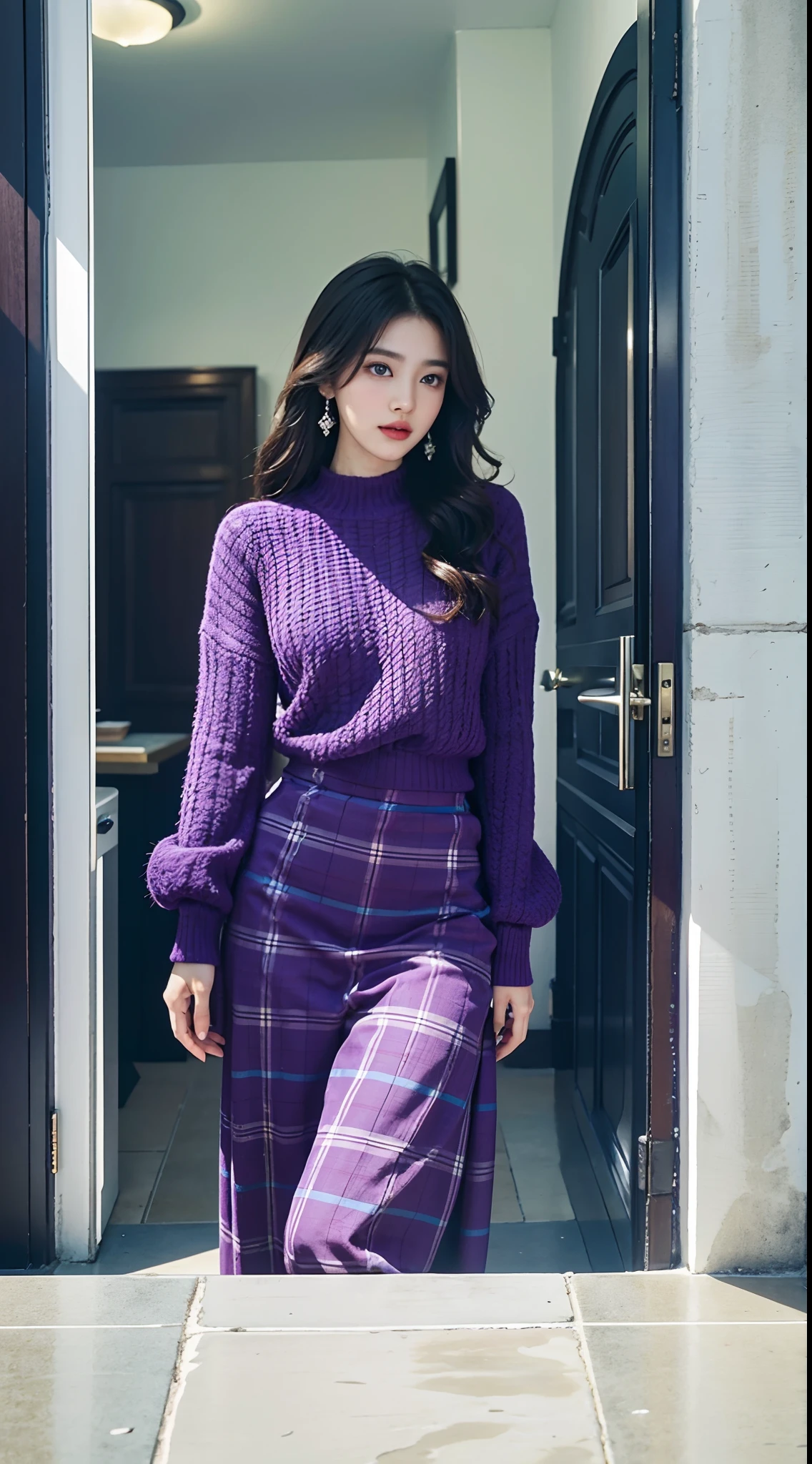 Beautiful asian woman in purple sweater and plaid pants is standing in doorway, ((Purple)), purple outfit, plaid skirts, lookbook, Purple clothes, material、plum, Purple, Vivid), Dark purple, Long skirt in fishnet stockings and tartan, Some purple, dressed in purple, Tartan Garment, Moody feeling, Shoulder, autum、Gorgeous young Korean woman、Extremely beautiful face、Gold Gorgeous Face、face perfect、Eye level、Functional、Beautiful young Korean woman、beautiful aesthetic face、white backgrounid、Wearing gorgeous platinum silver earrings、Platinum silver texture and shiny earrings、8K、photographed、(realisitic、Photorealsitic: 1.37)、The best and most perfect beauty in the world、very large breast、profetional lighting、a handsome 、beautiful brown long hair、hight resolution、1080p、studio shoot、Sexy hip line、Bright lighting、(Crisp face)、(Detailed face description)、Rich details、Skin clarity and hydration、Skin texture and detail、Textured、 Hair texture and contrast、beautiful and delicate face、beautiful and delicate eyes、Crisp double beautiful eyes、Skin detail and texture、Hair details and texture、Skin contrast and detail、Lip texture and contrast、Texture and contrast of clothes、Eye texture and clarity、beautidful eyes 、Cutting-edge fashion、Fashionable、High-level images、Bright natural light、