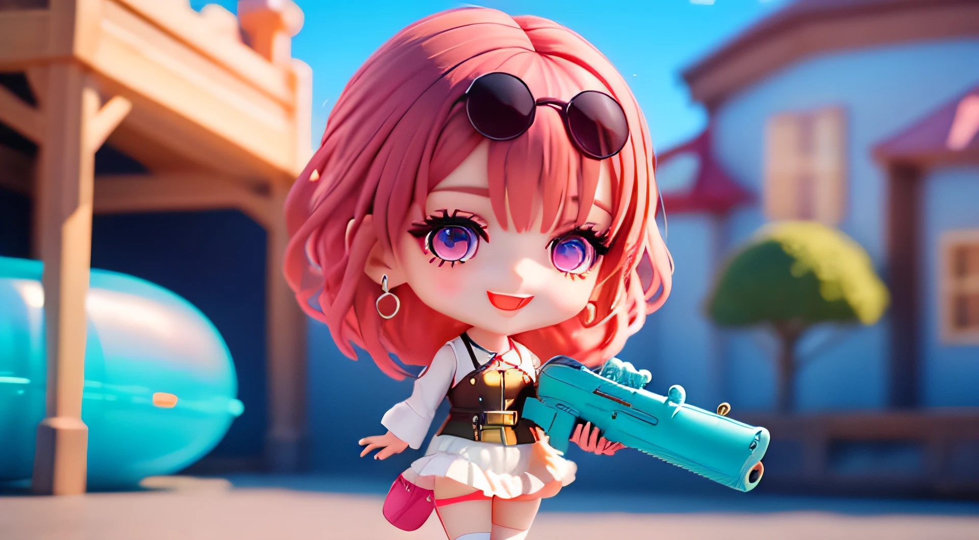 purple eyes,official,solo,BREAK (masterpiece),(masterpiece),((best quality:1.1)),eyes with beautiful details,beautiful and detailed hair,1girl,outdoors,in summer,house,panorama,crystal_earrings,Disney_land,((holding_innertube:1.1)),(holding a toy gun:1.1),smile,open mouth,:3,(blush:1.3),full body,chibi,short hair,looking_outside,summer_uniform,pose,