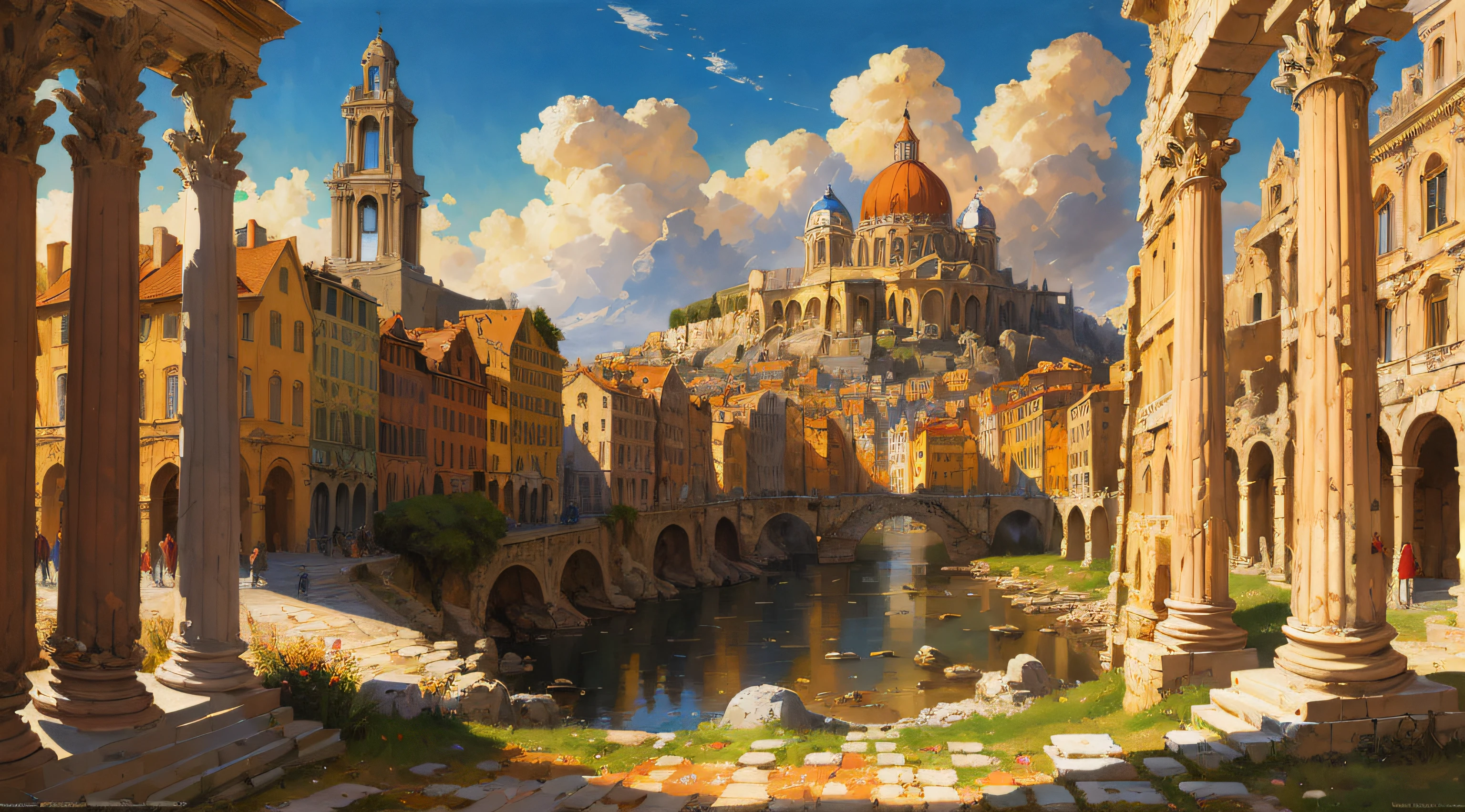 Painting of a city with a river and a bridge in the middle - SeaArt AI