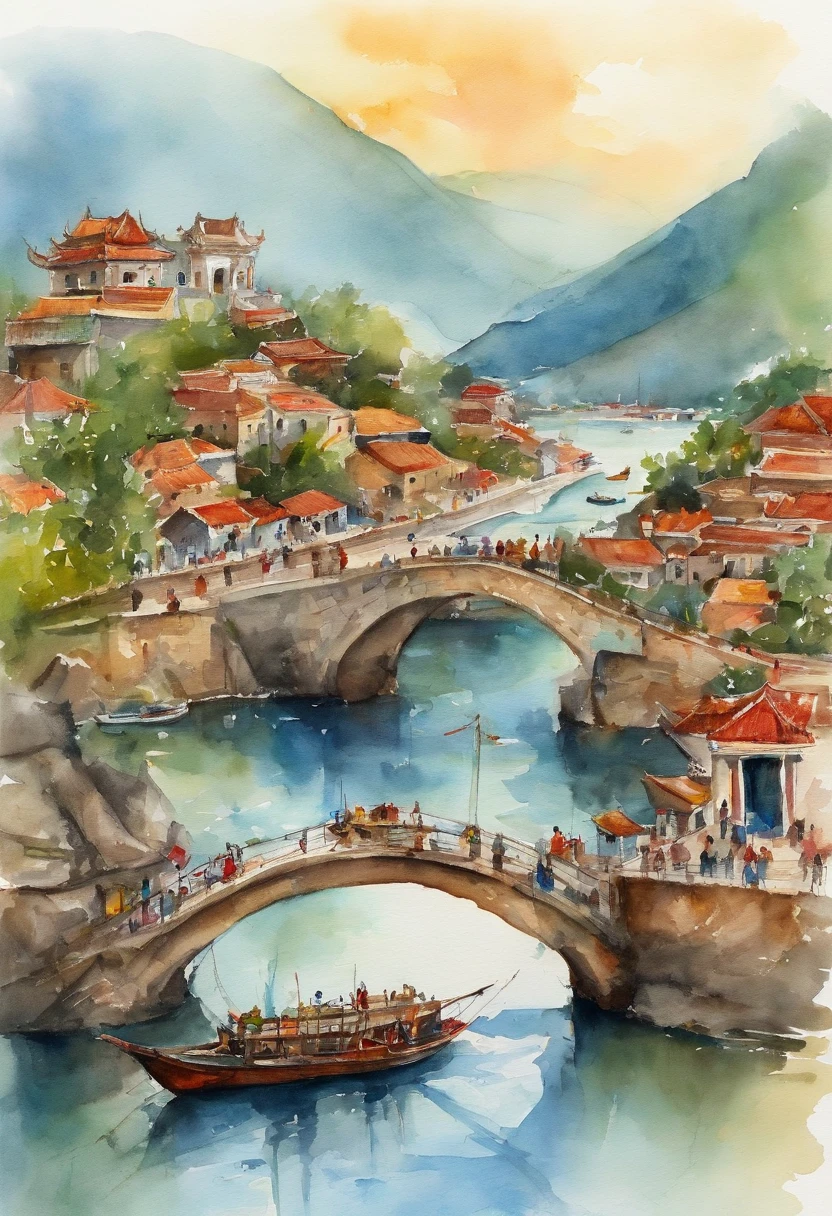 Watercolor painting of Dragon Bridge in Danang, with vehicles, rivers and boats