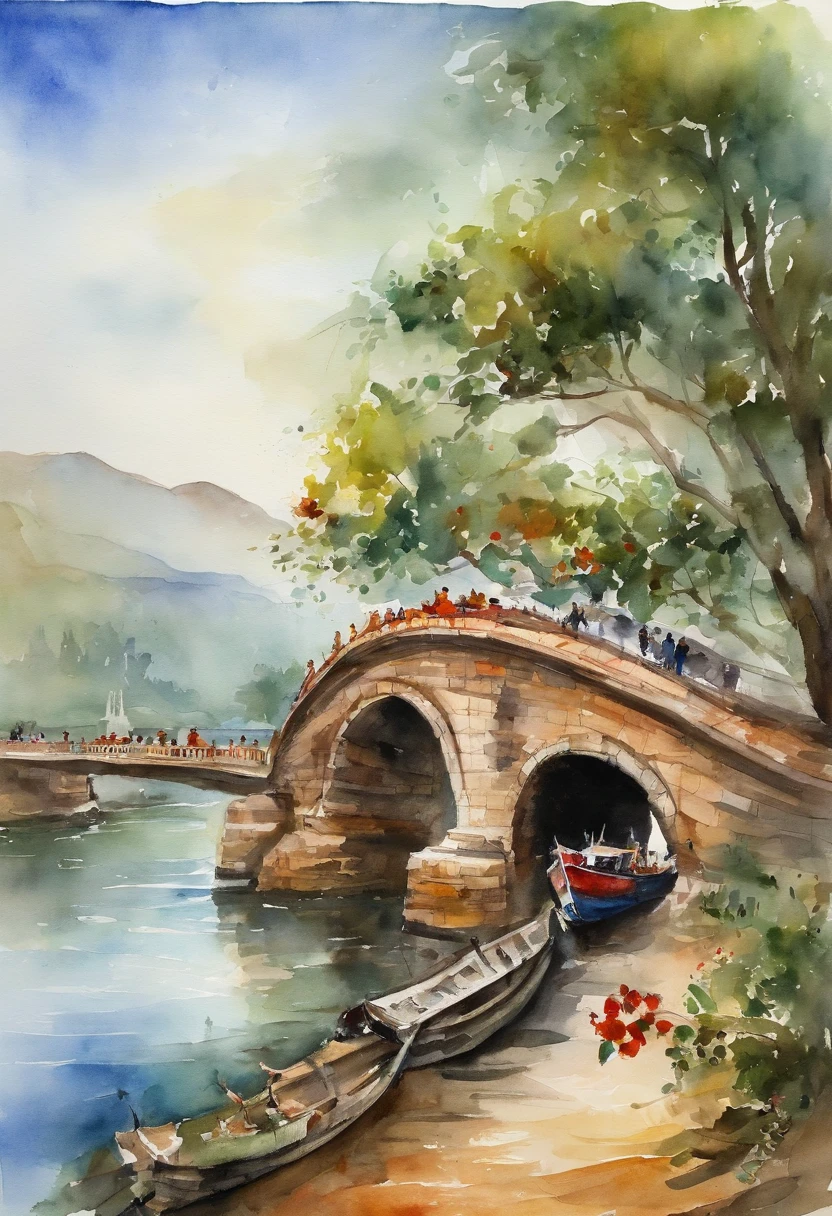 Watercolor painting of Dragon Bridge in Danang, with vehicles, rivers and boats