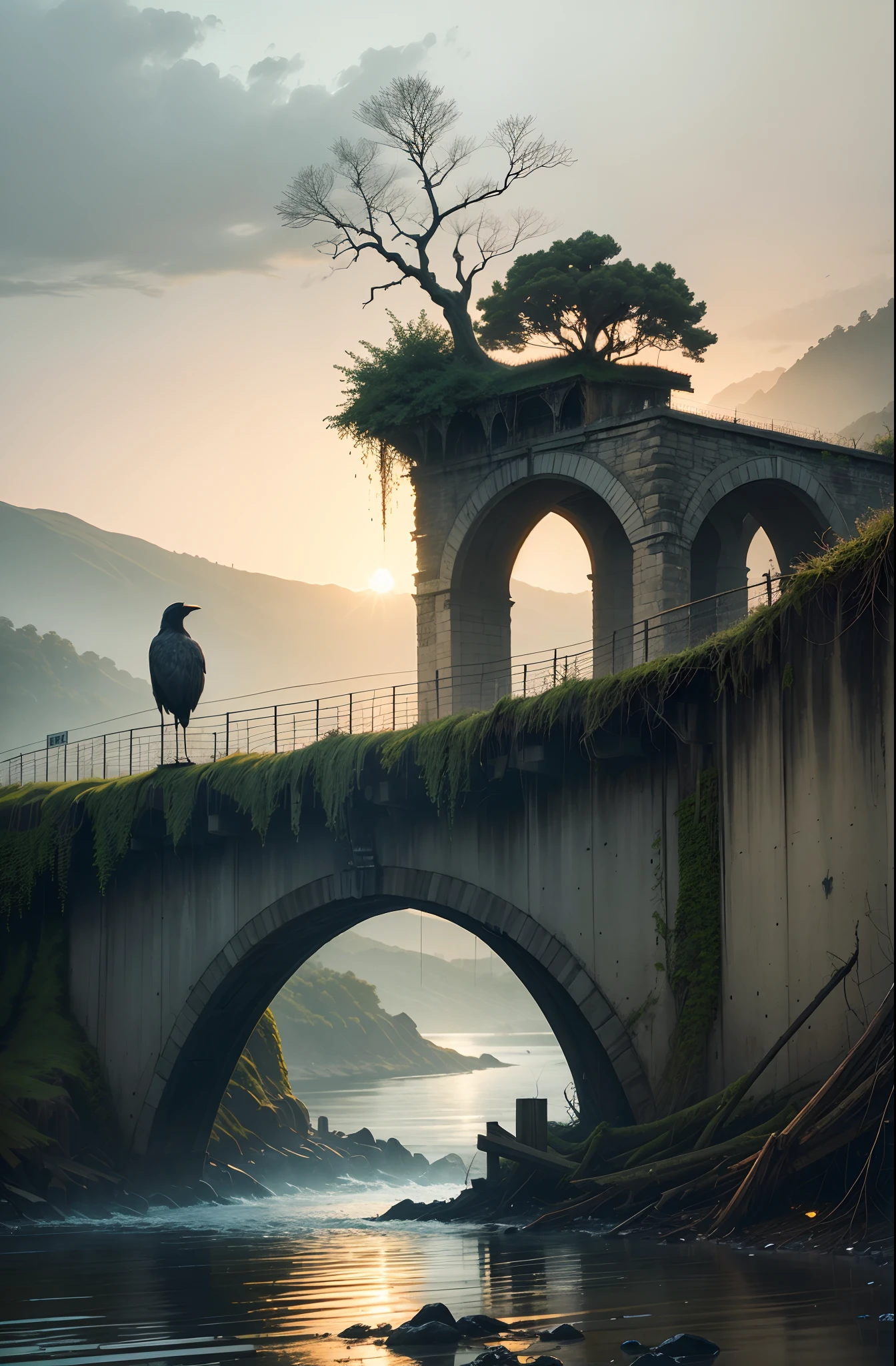 At dusk, A flock of crows landed on an old tree，Surrounded by withered vines，A miserable whimper。. The sound of splashing water under the bridge, A family by a small bridge by the river and lake，smooggy. A skinny horse on the old road hobbled against the westerly wind. The sun gradually loses its luster，The waterfall is on the west side. On a bleak night, Only lone travelers wander in the distance.