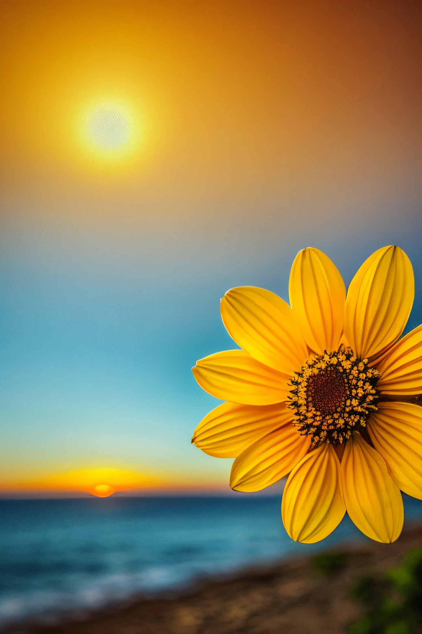 Close-up shot, a yellow flower, the background is the gorgeous sunset by the sea, real texture, warm