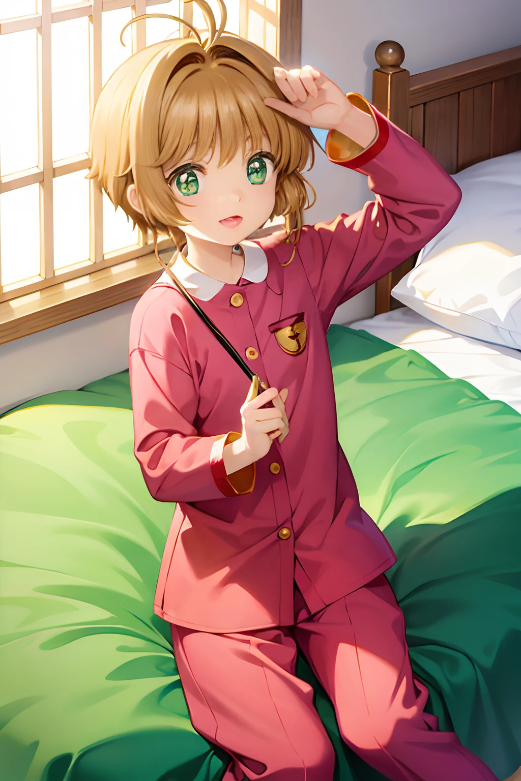 cardcaptor sakura(masterpiece), tareme, , green eyes, brown hair, 1ahoge, short hair, sidelocks,pajamas,bedroom,