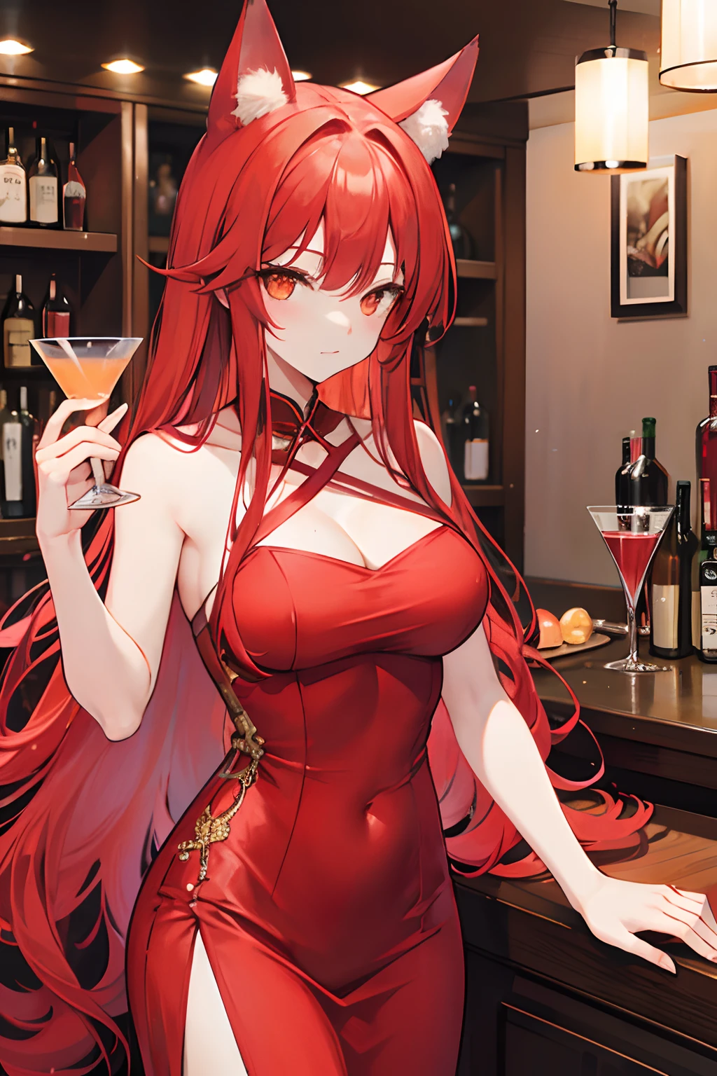 Red long-haired,Red fox ears,Golden eyes,drinking at the bar,cocktails,Sexy evening dress