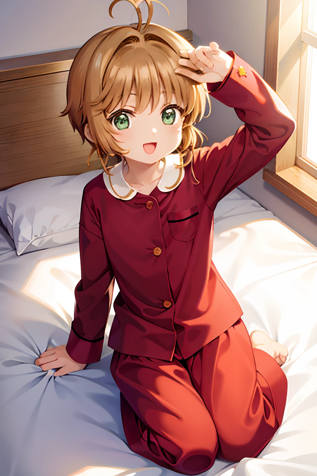 cardcaptor sakura(masterpiece), tareme, loli, green　eyes, brown hair, 1ahoge, short hair, sidelocks,pajamas,bedroom,