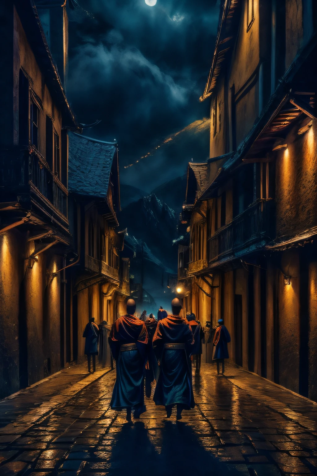 portrait:1.3, close_shot, (((masterpiece))), (((best quality))), ((ultra-detailed)), {{8k_wallpaper}}, bokeh f1.8, dark theme, cinematic light,, toma cercana 6boys:1.3, In a captivating photograph, capture the essence of a group of six monks donning dark crimson robes and hoods, as they traverse the dimly lit medieval streets by torchlight. The warm glow of the torches should accentuate the architectural beauty of the old city, highlighting the timelessness of their traditions. Frame the shot to showcase the sense of camaraderie among the monks, their footsteps echoing through the quiet night. (looking at viewer:1.3)