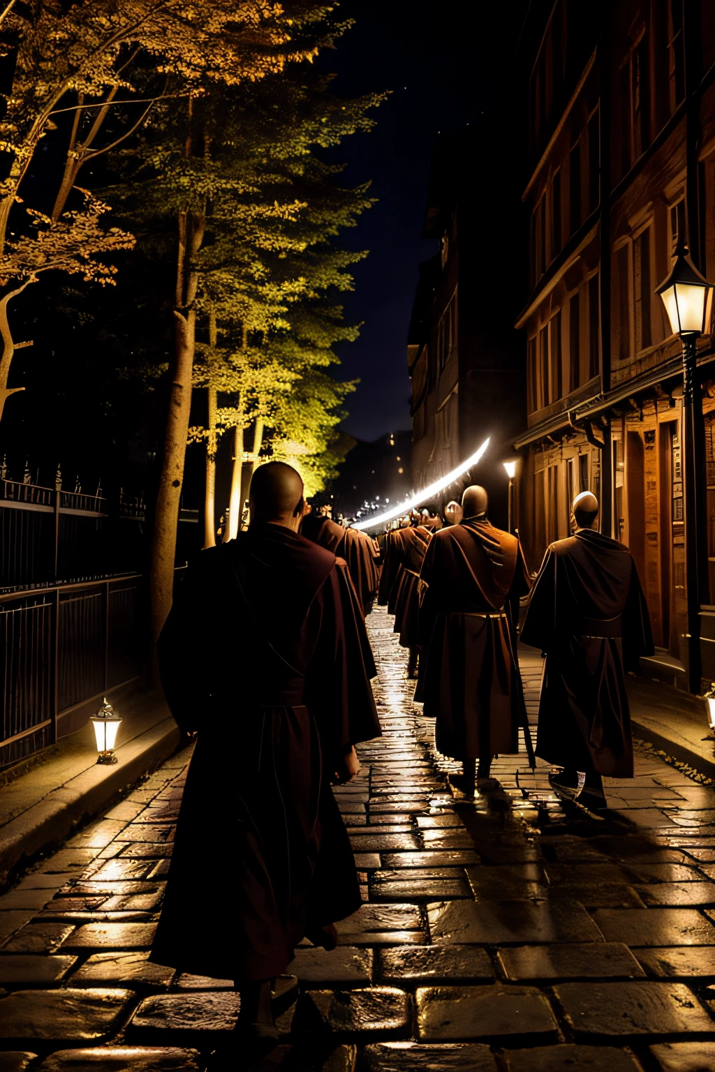 This image captures a moment frozen in time—a midnight procession of monks, guardians of tradition and spirituality, navigating the serpentine streets of a medieval city. Their torches illuminate not only the cobblestones but also the echoes of history that linger in the silent alleys and hidden corners of this ancient realm.