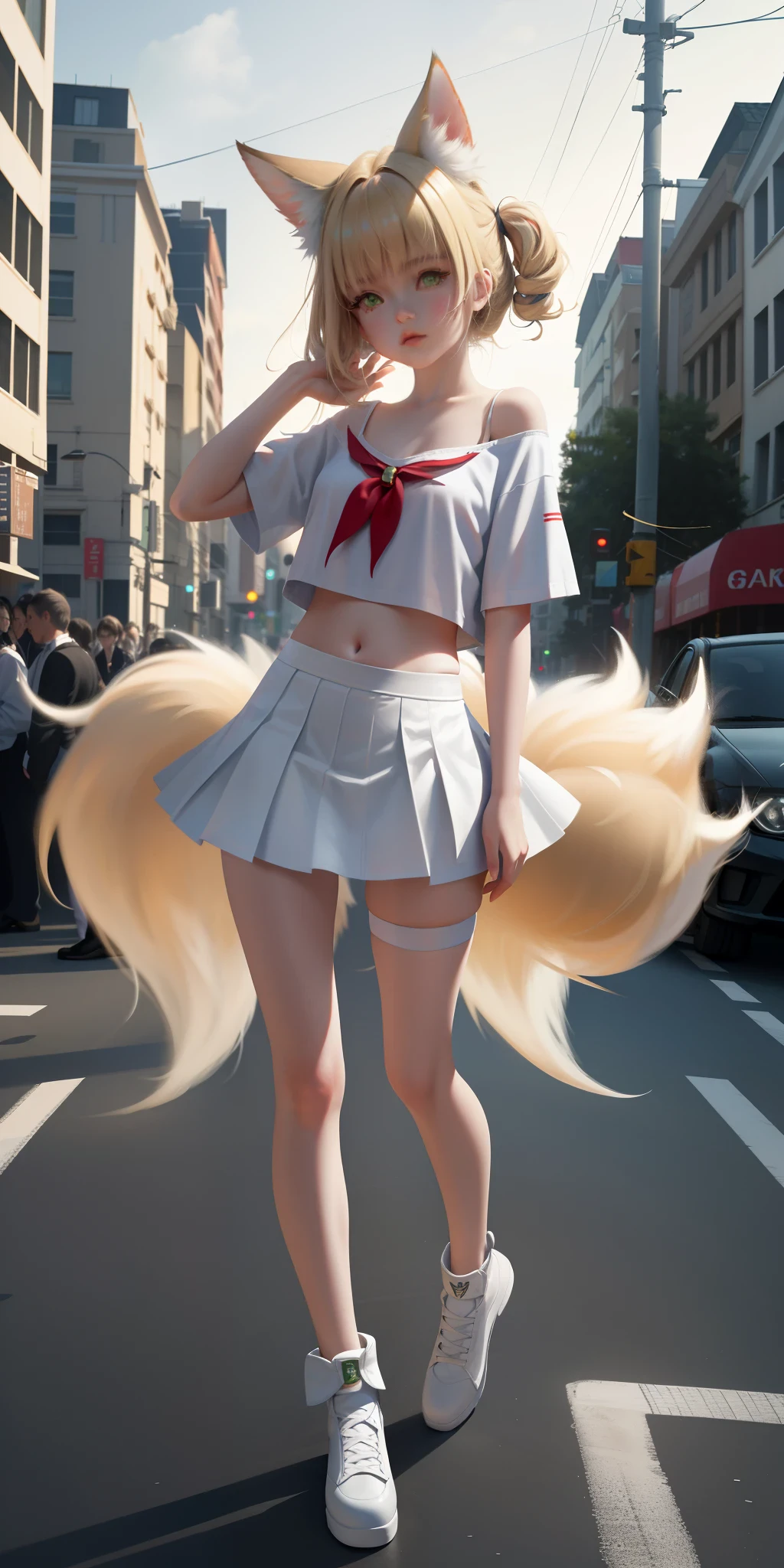 tmasterpiece， best qualtiy， NSFW， full bodyesbian, standing, Animal ears, sanimal ear fluff, Blonde hair, Green eyes, Small lively breasts，White background, Multiple tails, (serafuku), Have on the street， the night， neonlight， white t - shirt， no-bra， hot pant， Poker face， up front view， standing on your feet，