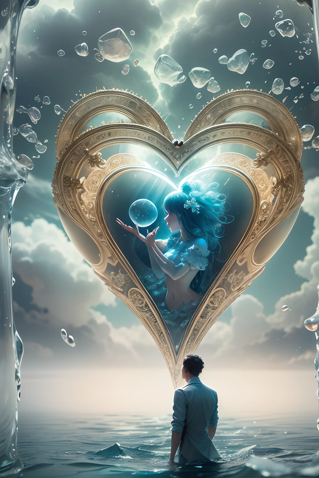lovely double exposure image by blending together a man and a woman a stormy sea and a heart inside a glass mind. The sea should serve as the underlying backdrop, with its details subtly incorporated into the glossy glass mind, sharp focus, double exposure, glossy glass mind, (translucent glass figure of an heart) (sea inside) lifeless, dead, glass mind, earthy colors, decadence, intricate design, hyper realistic, high definition, extremely detailed, dark softbox image, raytracing, cinematic, HDR, photorealistic (double exposure:1.1), many more small hear shaped water drops.Cotton Candy Queen Women Goddess 8k Resolution Rendered Hyper Realistic Intricate Detail lives in an frosty heart shaped ice bubble, a fanciful place filled with castles, cotton candy, swans lakes and fluffy clouds, An intricate visual representation of computer programing, rendered in 24k resolution with intricate details and symbols.