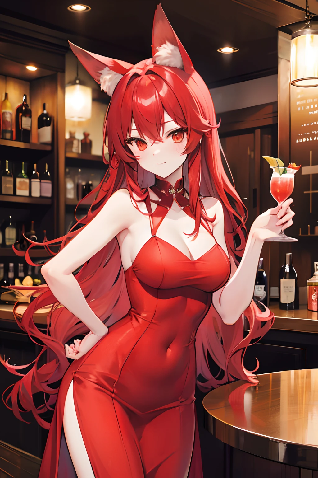 Red long-haired,Red fox ears,Golden eyes,drinking at the bar,cocktails,Sexy evening dress