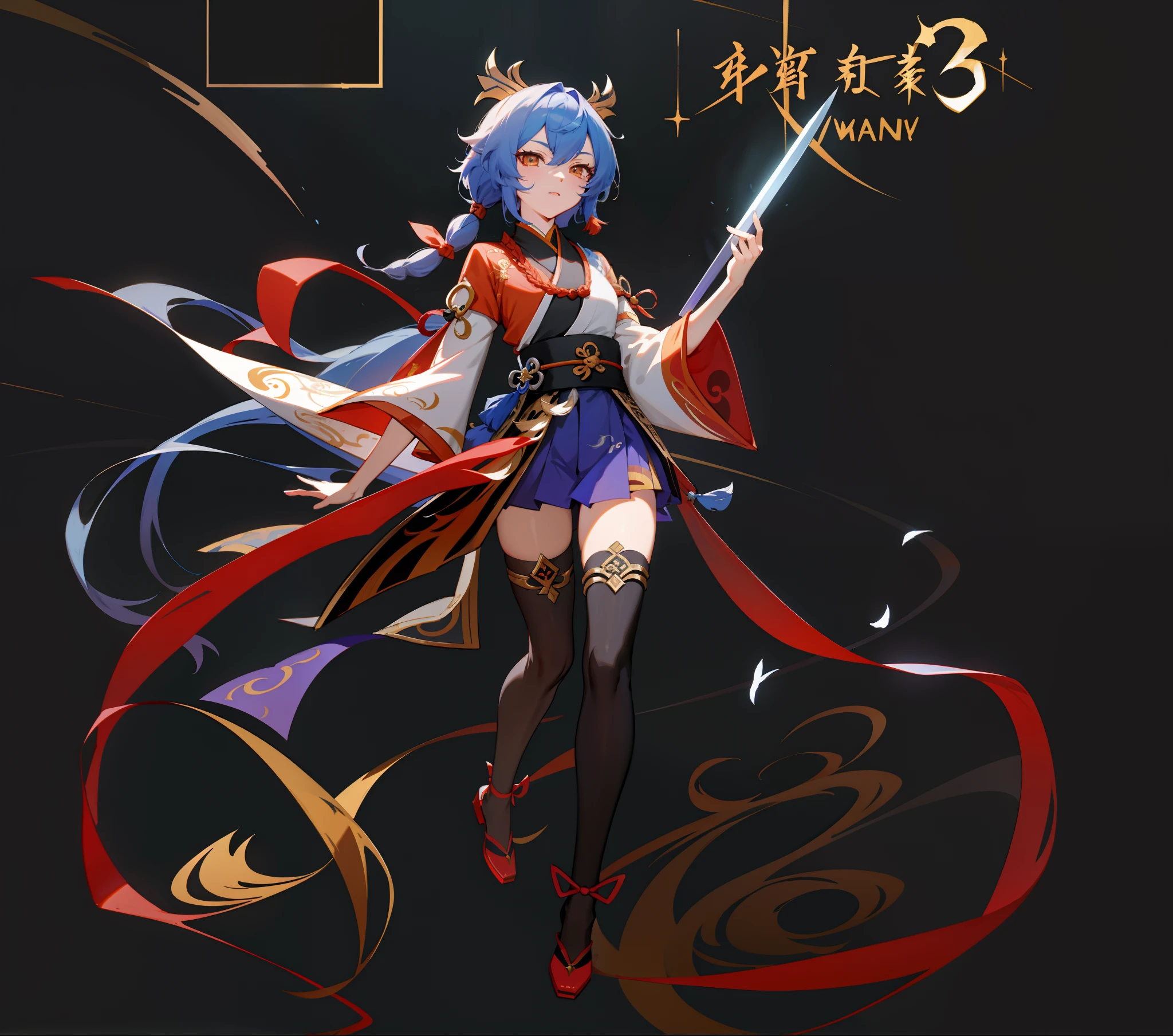 Anime characters with a sword and a cat on black background, Onmyoji detailed art, onmyoji, full-body xianxia, Keqing from Genshin Impact, zhongli from genshin impact, [ Character design ], Ayaka Genshin impact, [ conceptual art ]!!, touhou character, G Liulian art style，Girl，Exquisite facial features，Light and shadow details，adolable