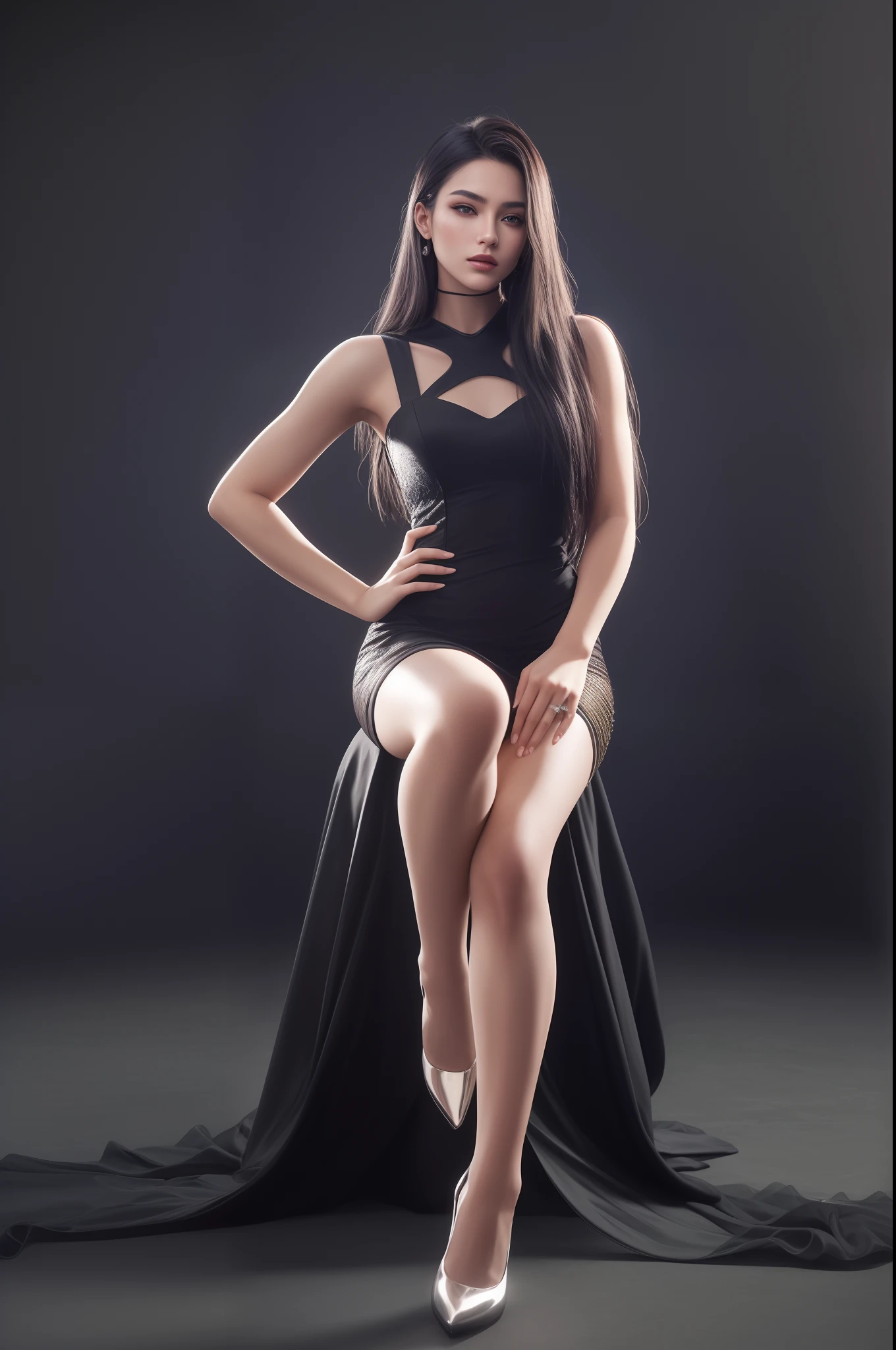A 18 years old woman in a black dress posing for a picture, stunning elegant pose, posing in dramatic lighting, elegant posed, beautiful woman in a black dress, glamorous fashion pose, full body portrait shot, glamour pose, full body photoshoot, young sensual graceful, wearing an elegant dress, full body portrait posing, wearing black dress, glamour fashion pose, Masterpiece, photorealism, hyper realistic, low key photo, 8kquality, Detailed face,detailed skin texture.