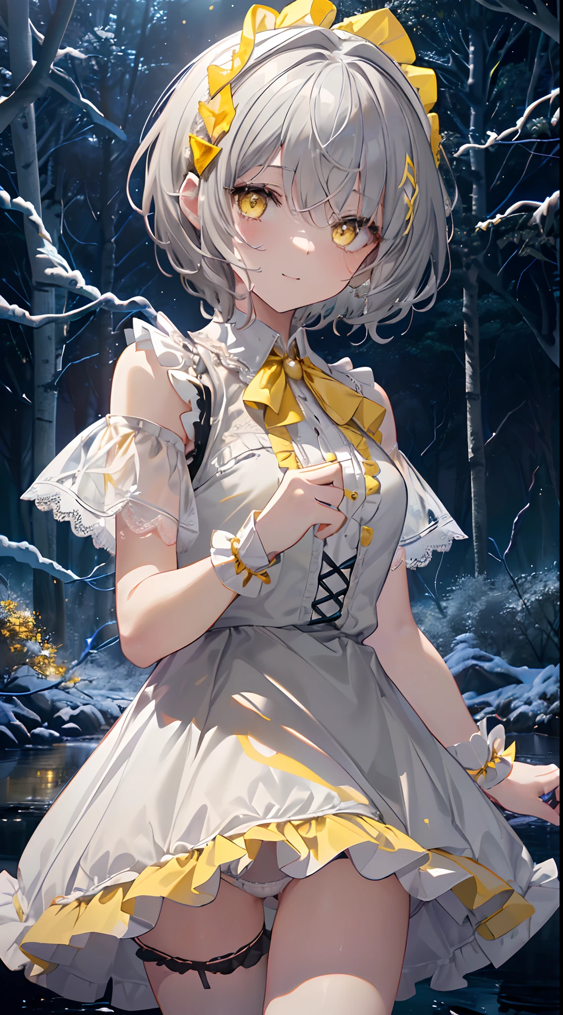Idol、masterpiece、top-quality、Beautiful expression、absurderes、nffsw、(cowboy shot、White Ruffled Lace Mini Dress、White collar、White ruffle cuff、Particle:1.5)、(bloom、Glow:1.4)、(A smile)、(short gray hair、yellow eyes:1.7)、foco nítido、Photorealsitic、hight resolution、highestdetailed、ultra-detailliert、detailed faces and eyes、Sharp pupils、Realistic pupils、foco nítido、 shinny skin、Black corset、(dark forest、a river、dark backgrounds:1.5)、Rim lighting、Dynamic, Cinematic lighting、(((tucking up the skirt:1.3)))、(((White panties are visible)))、