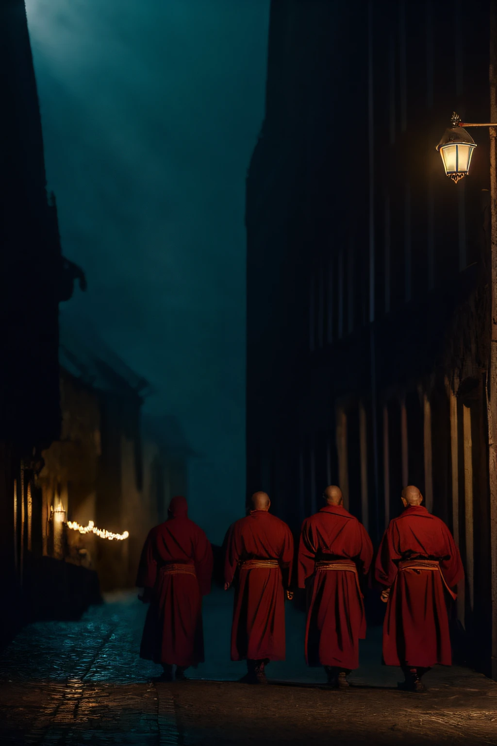 (((masterpiece))), (((best quality))), ((ultra-detailed)), {{8k_wallpaper}}, bokeh f1.8, dark theme, cinematic light,, toma cercana 6boys:1.3,  In a captivating photograph, capture the essence of a group of six monks donning dark crimson robes and hoods, as they traverse the dimly lit medieval streets by torchlight. The warm glow of the torches should accentuate the architectural beauty of the old city, highlighting the timelessness of their traditions. Frame the shot to showcase the sense of camaraderie among the monks, their footsteps echoing through the quiet night. looking at viewer,