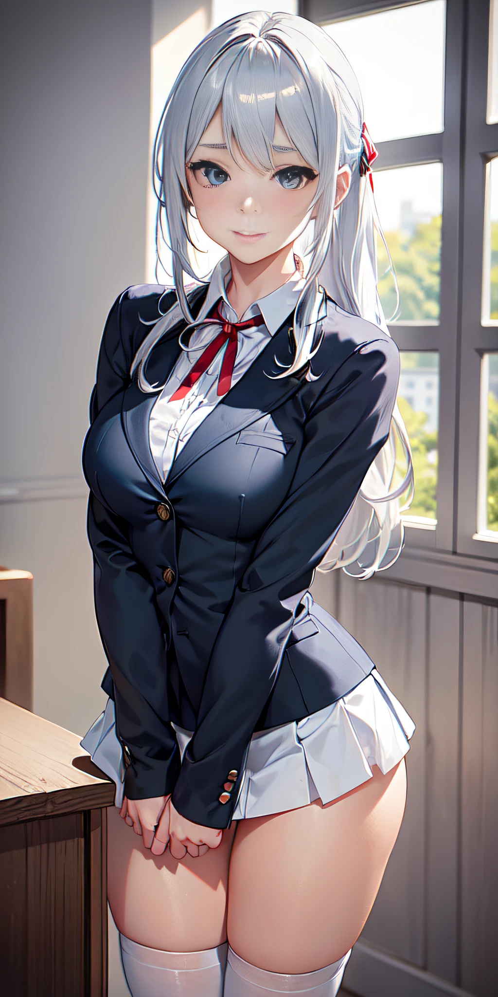 SkirkGI, red eyes, long hair, white hair, blue hair, hair ornament,
BREAK ((blazer, bow, jacket, pantyhose, pleated skirt, , shirt, skirt, good looking:1.5))
BREAK expressionless, looking at viewer, sitting,
BREAK (masterpiece:1.2), best quality, high resolution, unity 8k wallpaper, (illustration:0.8), (beautiful detailed eyes:1.6), extremely detailed face, perfect lighting, extremely detailed CG, (perfect hands, perfect anatomy),