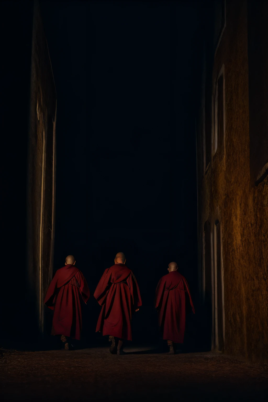 (((masterpiece))), (((best quality))), ((ultra-detailed)), {{8k_wallpaper}}, bokeh f1.8, dark theme, cinematic light,, toma cercana 6boys:1.3, In a captivating photograph, capture the essence of a group of six monks donning dark crimson robes and hoods, as they traverse the dimly lit medieval streets by torchlight. The warm glow of the torches should accentuate the architectural beauty of the old city, highlighting the timelessness of their traditions. Frame the shot to showcase the sense of camaraderie among the monks, their footsteps echoing through the quiet night. looking at viewer,