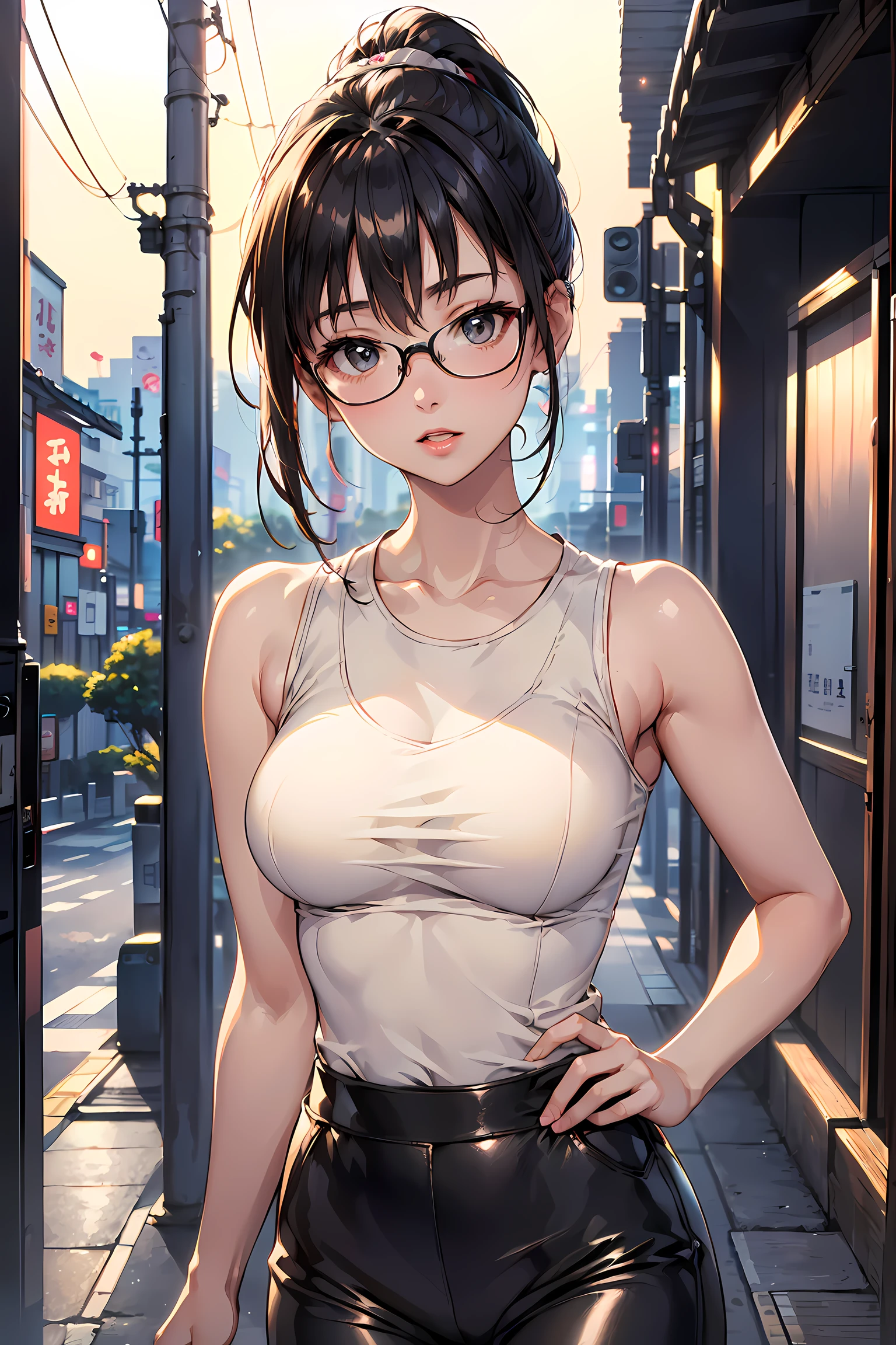 (1glasses girl:1.3, solo), (Audrey Hepburn:1.3), (a extremely pretty and beautiful Japanese woman), (sexy girl), (professional attire:1.3), (22 years old: 1.1), (walking at Tokyo station:1.3), (attractive random posing:1.3), (in the Tokyo sation under the rainbow:1.3), (looking straight at you:1.3), (starring at you:1.3), (front view:1.3), break, (ponytail:1.3), (shiny-black thin hair:1.2), bangs, dark brown eyes, beautiful eyes, princess eyes, (big eyes:1.3), bangs, wearing a glasses:1.3, Hair between eyes, short hair:1.3, (slender:1.1), (small-medium-breasts:0.95), (thin waist: 1.15), (detailed beautiful girl: 1.4), Parted lips, Red lips, full-make-up face, (shiny skin), ((Perfect Female Body)), (upper body image:1.3), Perfect Anatomy, Perfect Proportions, (most beautiful Korean actress face:1.3, extremely cute and beautiful Japanese actress face:1.3), BREAK, (View viewer, wearing a lovely bitch coordinate, (insanely detailed white cotton tanktop:1.3), (beige leather skin pants:1.3), (pin-heels:1.3), detailed clothes, BREAK, (detailed Tokyo sation background:1.2), (Studio soft lighting: 1.3), (fake lights: 1.3), (backlight: 1.3), BREAK, (Realistic, Photorealistic: 1.37), (Masterpiece, Best Quality: 1.2), (Ultra High Resolution: 1.2), (RAW Photo: 1.2), (Sharp Focus: 1.3), (Face Focus: 1.2), (Ultra Detailed CG Unified 8k Wallpaper: 1.2), (Beautiful Skin: 1.2), (pale Skin: 1.3), (Hyper Sharp Focus: 1.5), (Ultra Sharp Focus: 1.5), (Beautiful pretty face: 1.3), (super detailed background, detail background: 1.3), Ultra Realistic Photo, Hyper Sharp Image, Hyper Detail Image,