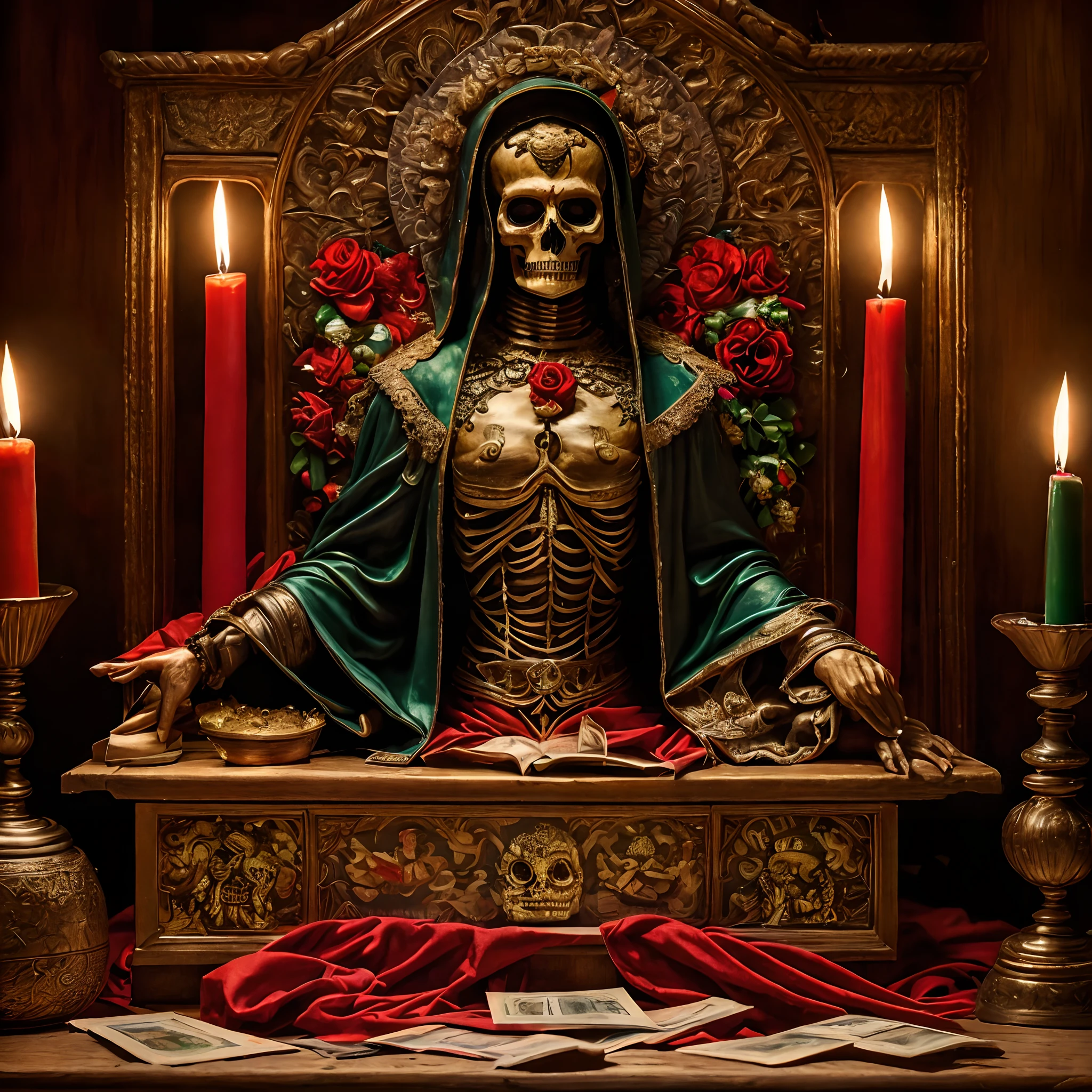 Altar de LA SANTA MUERTE CARGANDO EN LA MANO UNA GUADANA en un buro de una casa típica mexicana de los 80's por la noche iluminado con veladoras ROJAS Y VERDES, de ofrenda Pesos mexicanos billetes de 500 pesos y TEQUILA armas de fuego gloc ,que los rostros sean craneos, cuerpo esqueleto,estilo portada para una cancion ESTILO DEMONIACO