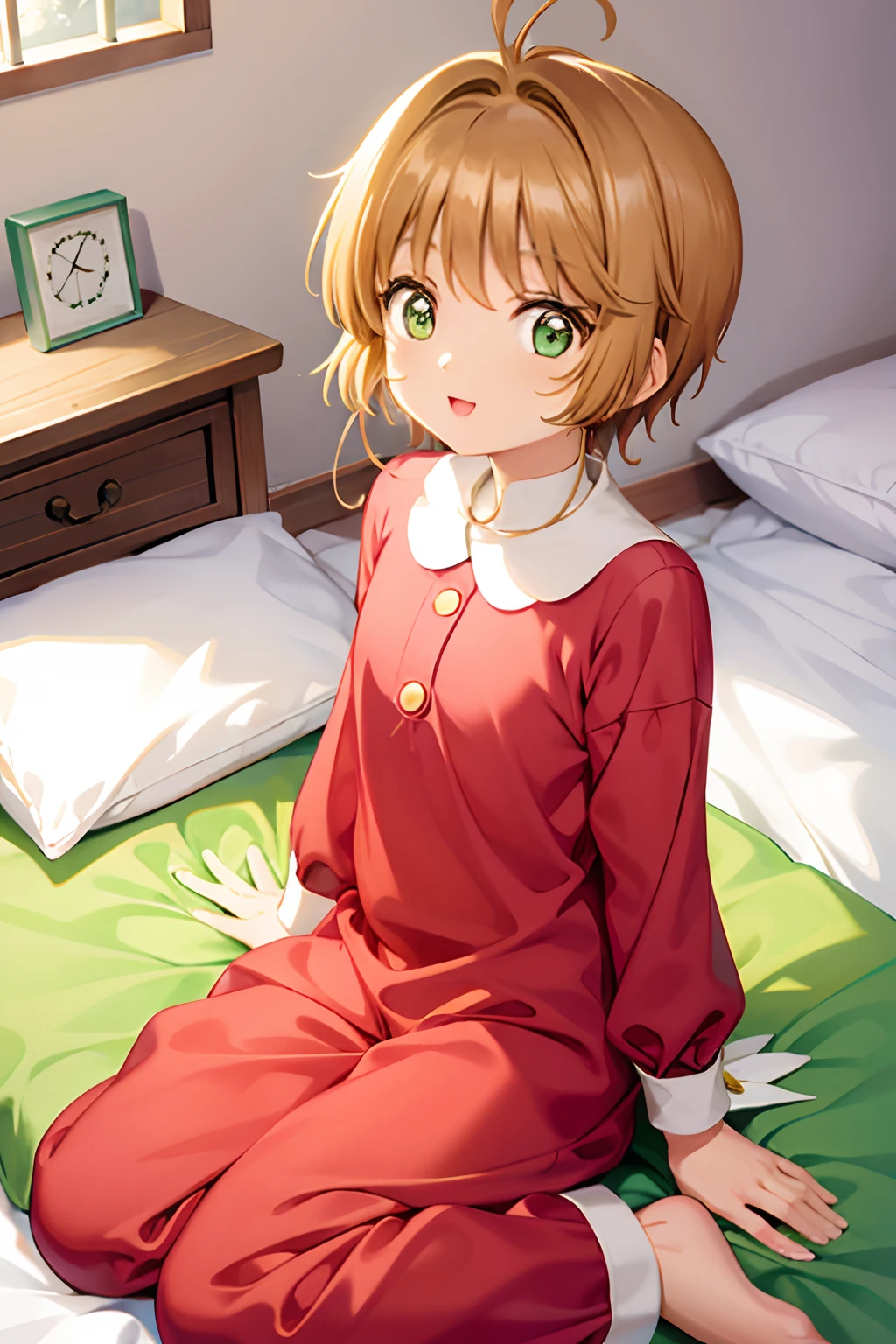cardcaptor sakura(masterpiece), tareme, , green eyes, brown hair, 1ahoge, short hair, sidelocks,pajamas,bedroom,