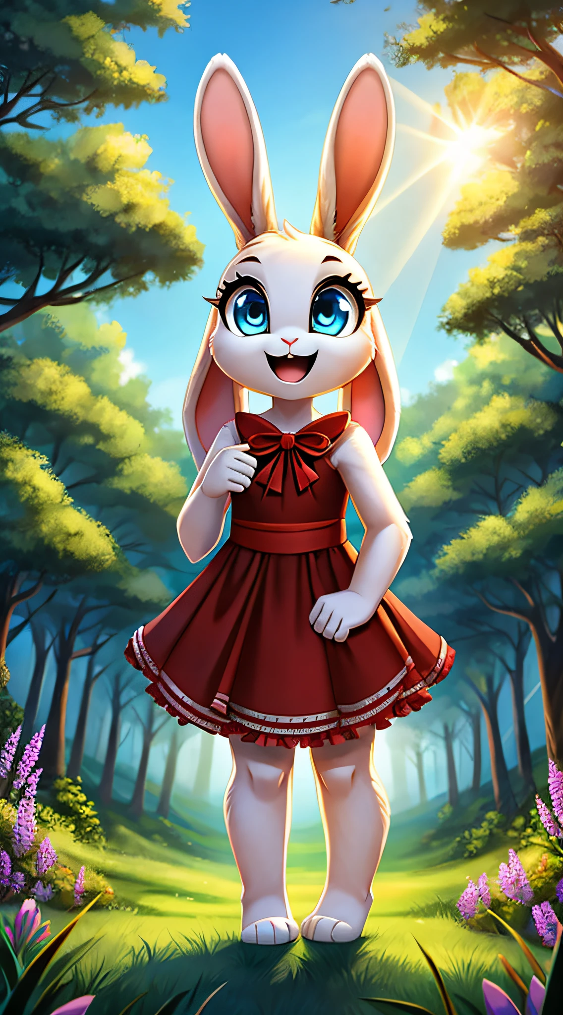 zoomed out image, fantasy style art, cute, adorable, short character, small, tiny little fluffy female white bunny with blue eyes, large poofy rabbit tail, big floppy ears, long ears, ears perked up, raised ears, long eyelashes, wearing a red frilly ribbon dress, smiling, standing in a forest, big expressive smile, open mouth, wide eyes, excited eyes, excited face, stunning visuals, sunrays through the trees, digital illustration