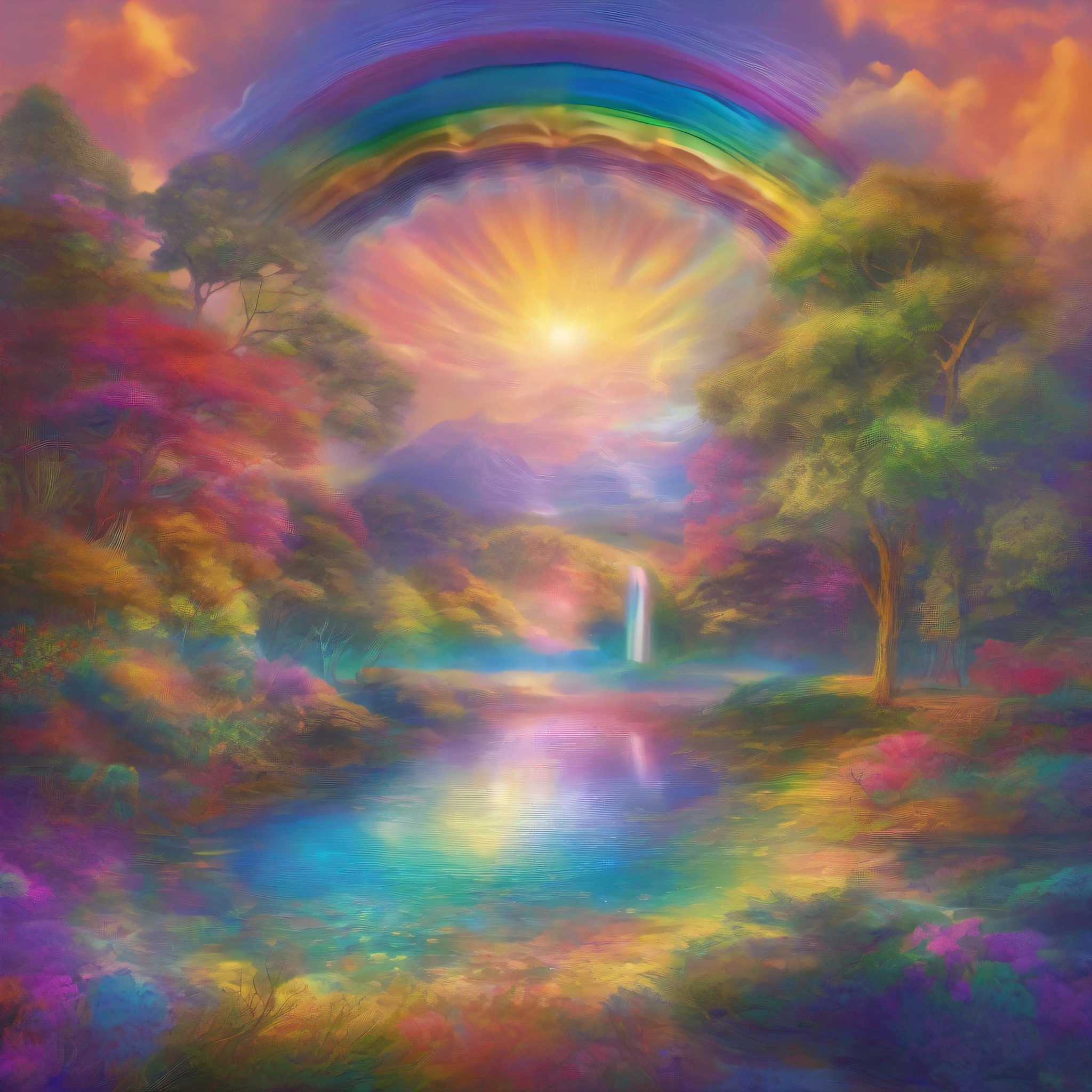 Radiant Resonance: A Meditative Rainbow Journey. A serene and vibrant landscape where light and consciousness intersect. As you gaze upon a majestic rainbow, allow its colors to resonate with your inner world, illuminating the depths of your being.