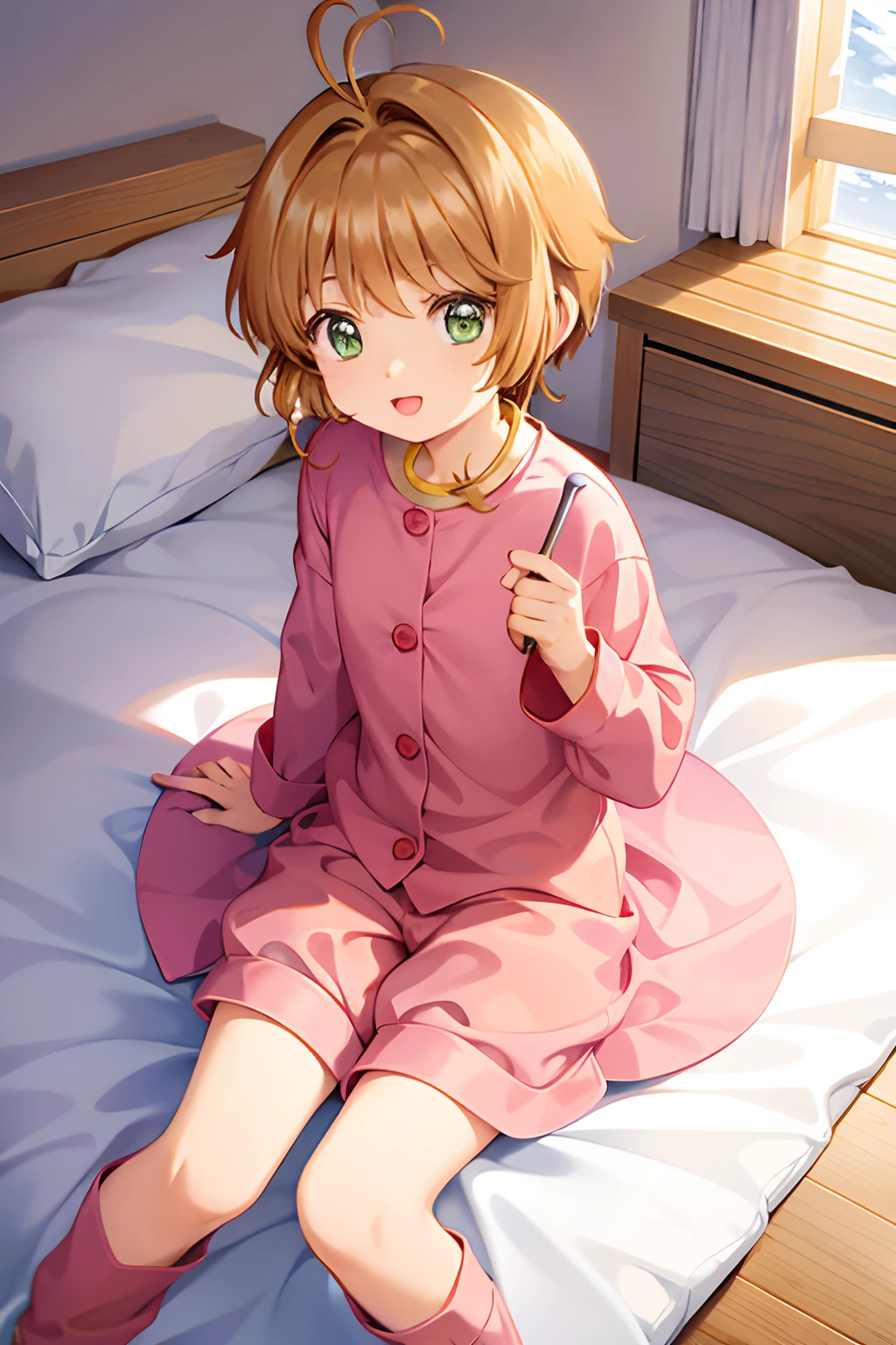 cardcaptor sakura(masterpiece), tareme, ****, green　eyes, brown hair, 1ahoge, short hair, sidelocks,pajamas,bedroom,