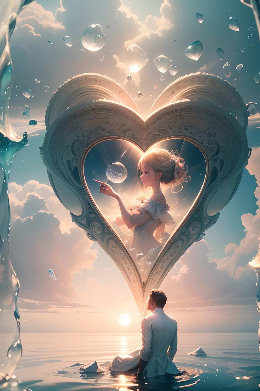 lovely double exposure image by blending together a man and a woman a stormy sea and a heart inside a glass mind. The sea should serve as the underlying backdrop, with its details subtly incorporated into the glossy glass mind, sharp focus, double exposure, glossy glass mind, (translucent glass figure of an heart) (sea inside) lifeless, dead, glass mind, earthy colors, decadence, intricate design, hyper realistic, high definition, extremely detailed, dark softbox image, raytracing, cinematic, HDR, photorealistic (double exposure:1.1), many more small hear shaped water drops.Cotton Candy Queen Women Goddess 8k Resolution Rendered Hyper Realistic Intricate Detail lives in an frosty heart shaped ice bubble, a fanciful place filled with castles, cotton candy, swans lakes and fluffy clouds, An intricate visual representation of computer programing, rendered in 24k resolution with intricate details and symbols.