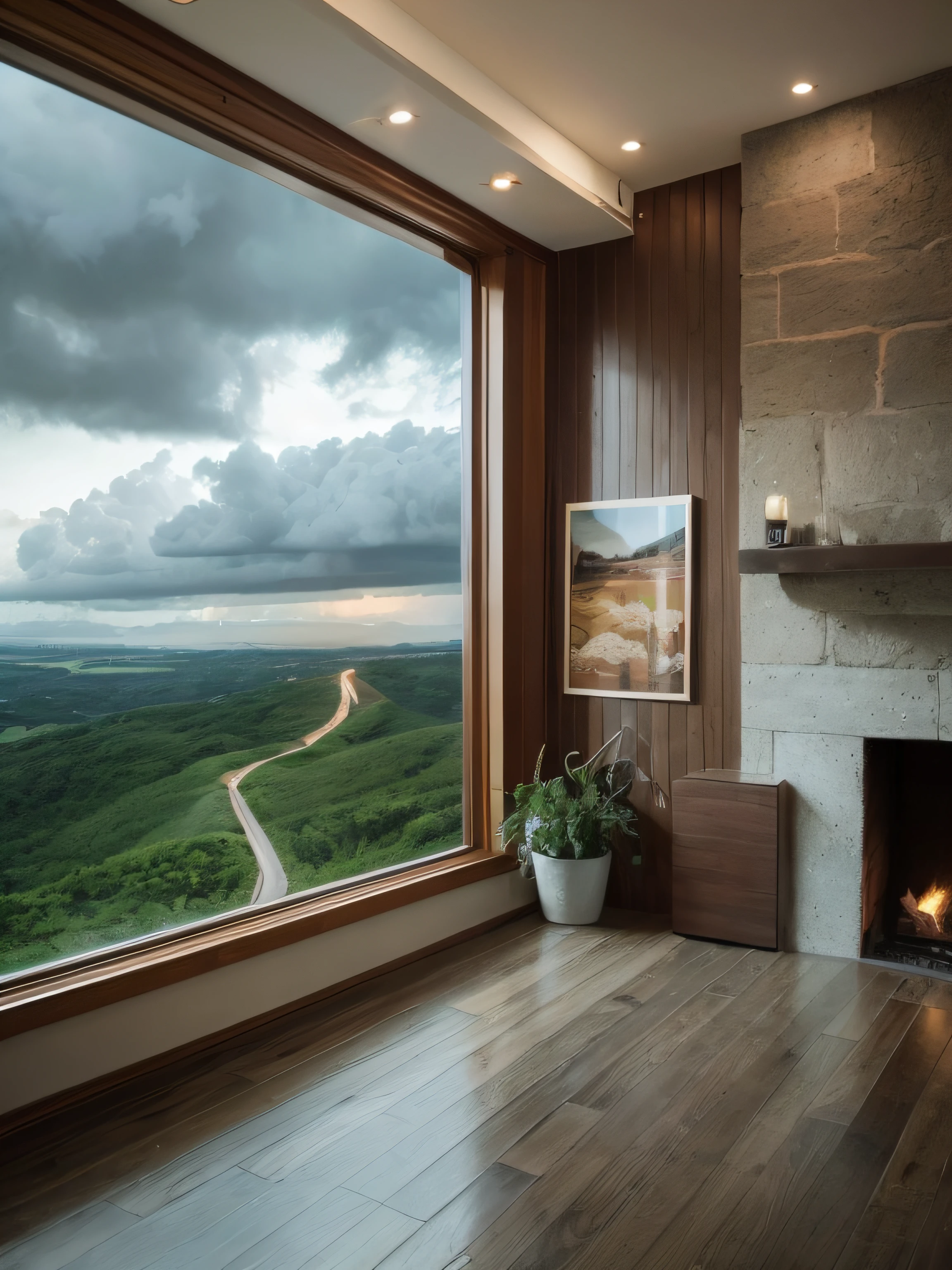violent storm,dark stormy clouds,Hotel,floor to ceiling window,huge bed,sofe,fireplace,baby cats,A plant,the woods,hilltop,High detail,lightand shade contrast,hyper HD,tmasterpiece,winning artwork,Best quality at best,A high resolution,16k