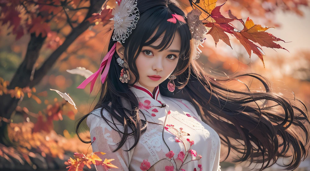 32K autumn view(tmasterpiece,k hd,hyper HD,32K)Long flowing black hair,ponds,zydink, a color, Autumn (Sensual girl), (Blue and white silk scarf), Combat posture, looking at the ground, long whitr hair, Floating hair, Carp pattern headdress, Chinese long-sleeved cheongsam, (Abstract gouache splash:1.2), Pink petal background,Pink and white autumn sunset leaves fly(realisticlying:1.4),Black color hair,Fallen leaves flutter,The background is pure, A high resolution, the detail, RAW photogr, Sharp Re, Nikon D850 Film Stock Photo by Jefferies Lee 4 Kodak Portra 400 Camera F1.6 shots, Rich colors, ultra-realistic vivid textures, Dramatic lighting, Unreal Engine Art Station Trend, cinestir 800,Long flowing black hair,Bright clothes