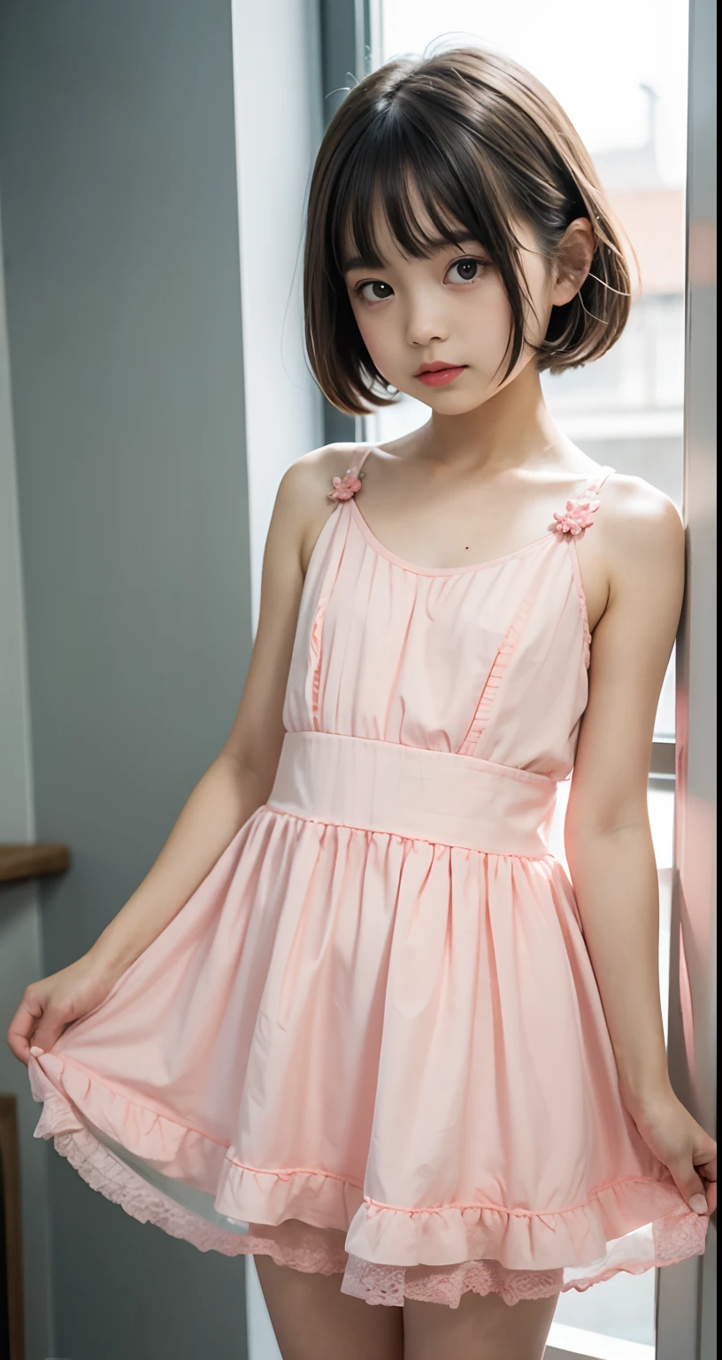 li, lo face, loli body, flat chest, standing, full body, short hair, short dress, pink summer dress, pink dress, pink nighty gown