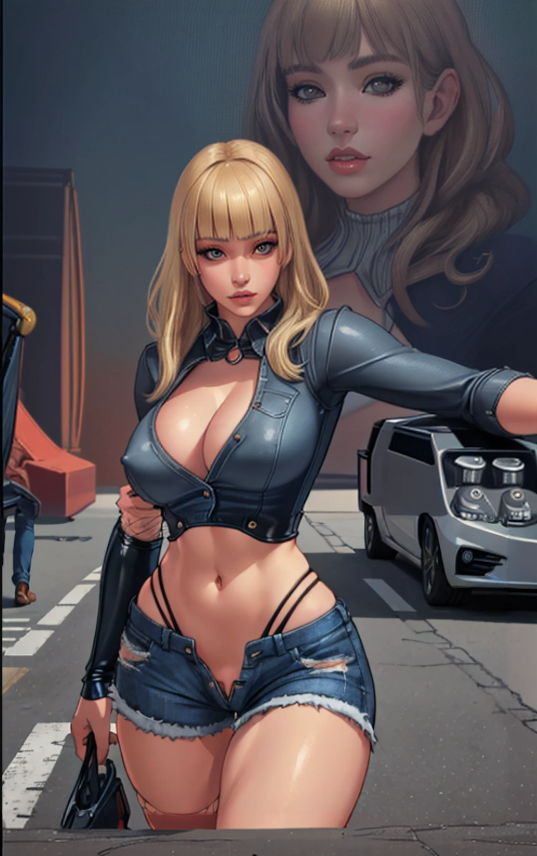 (best quality,4k,8k,highres,masterpiece:1.2),ultra-detailed,(realistic,photorealistic,photo-realistic:1.37),1girl,beautiful face,perfect face,nsfw,blonde,bangs,blunt bangs,hand on chest,jean vest,nipples,breasts,massive breasts,cleavage,portraits,soft lighting,vivid colors